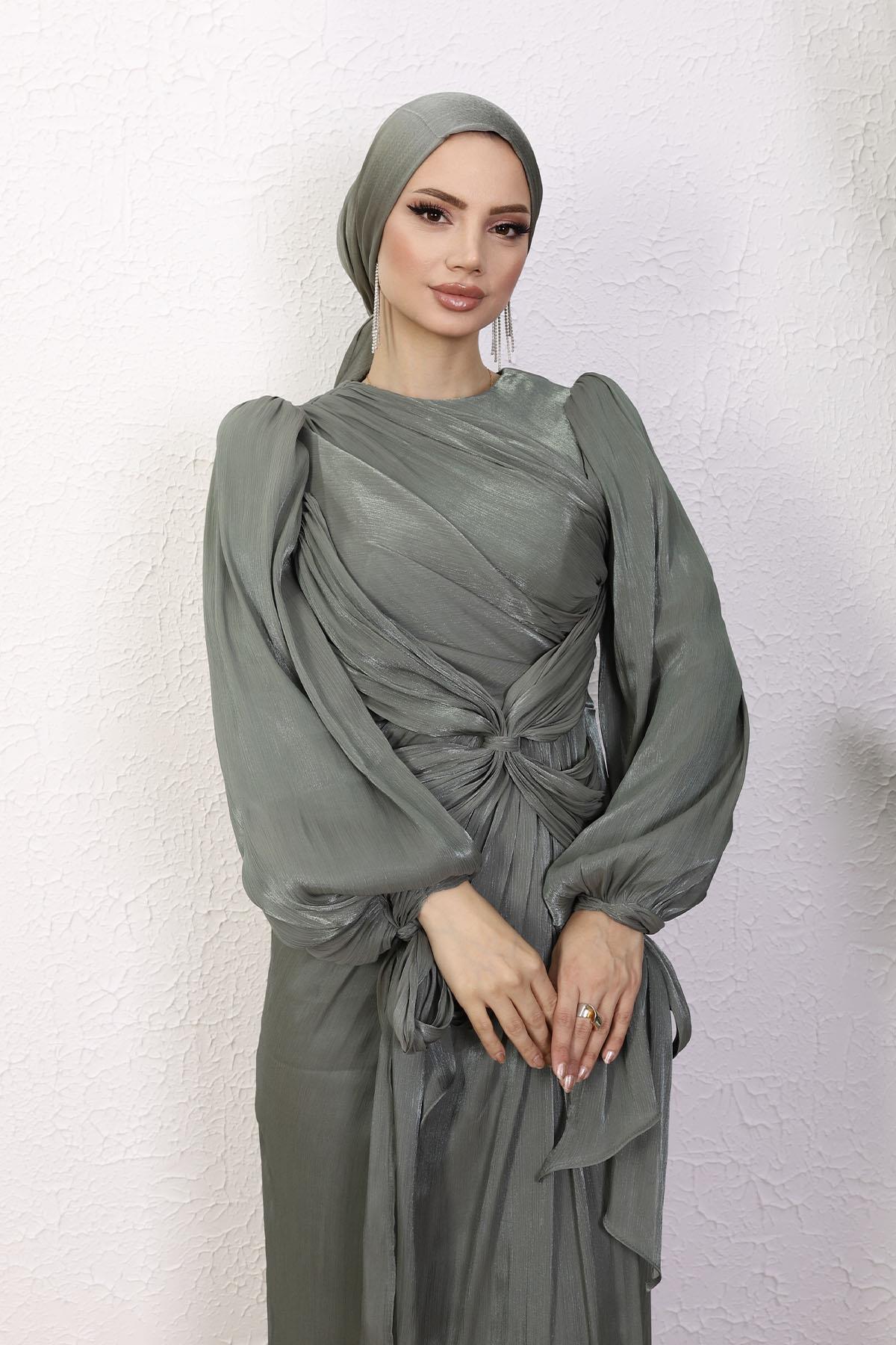Mermaid Bağlama Detaylı Tesettür Abiye-YEŞİL