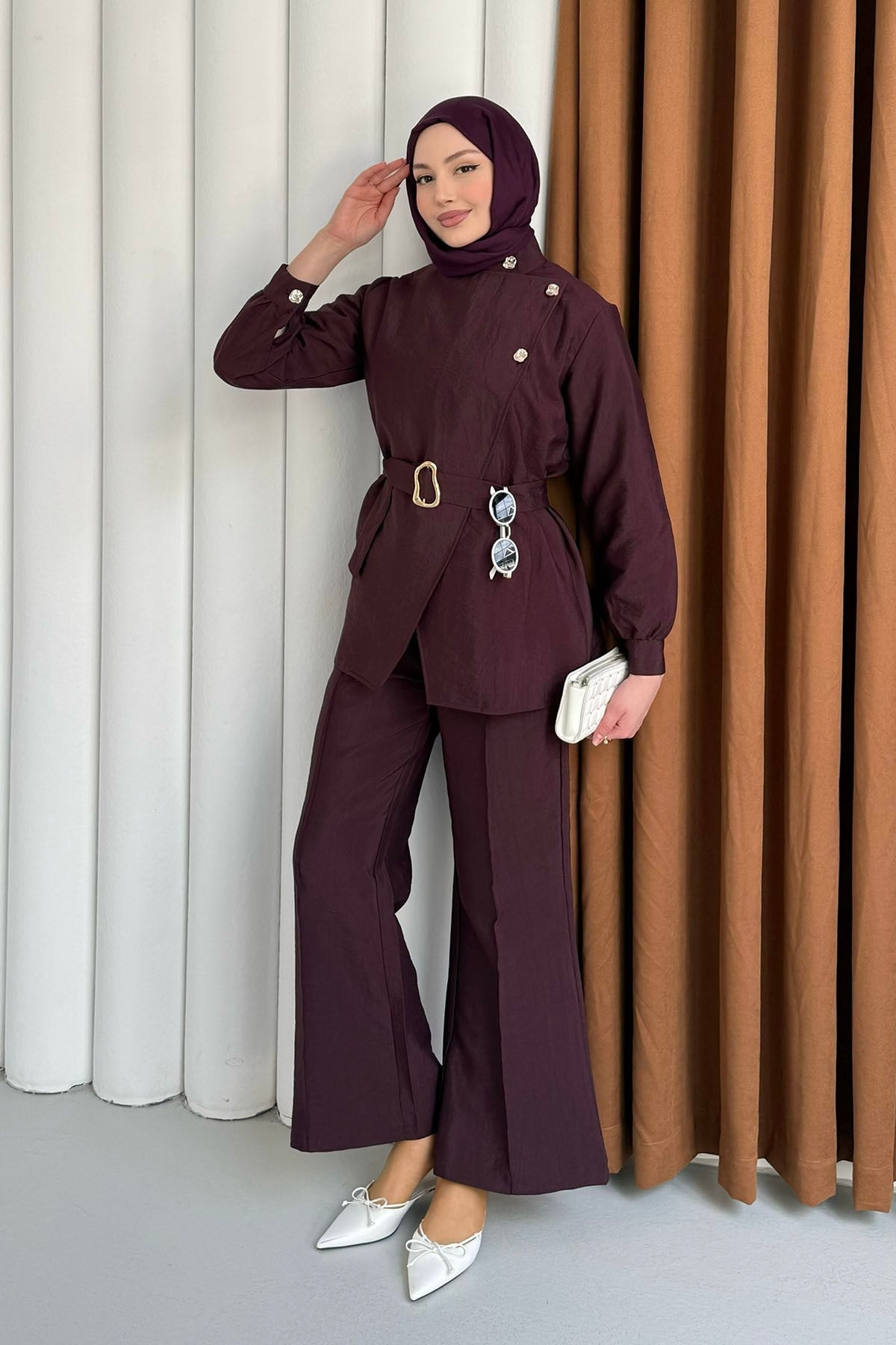 Minimal Asimetrik Kesim Pantolonlu Tesettür Takım-BORDO