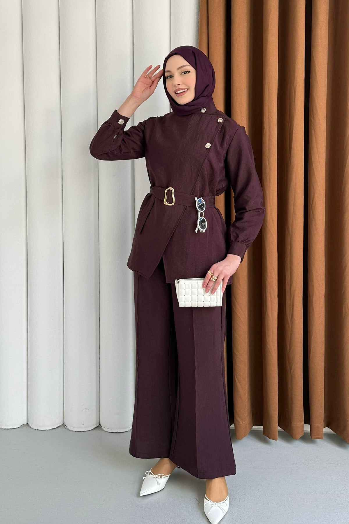 Minimal Asimetrik Kesim Pantolonlu Tesettür Takım-BORDO