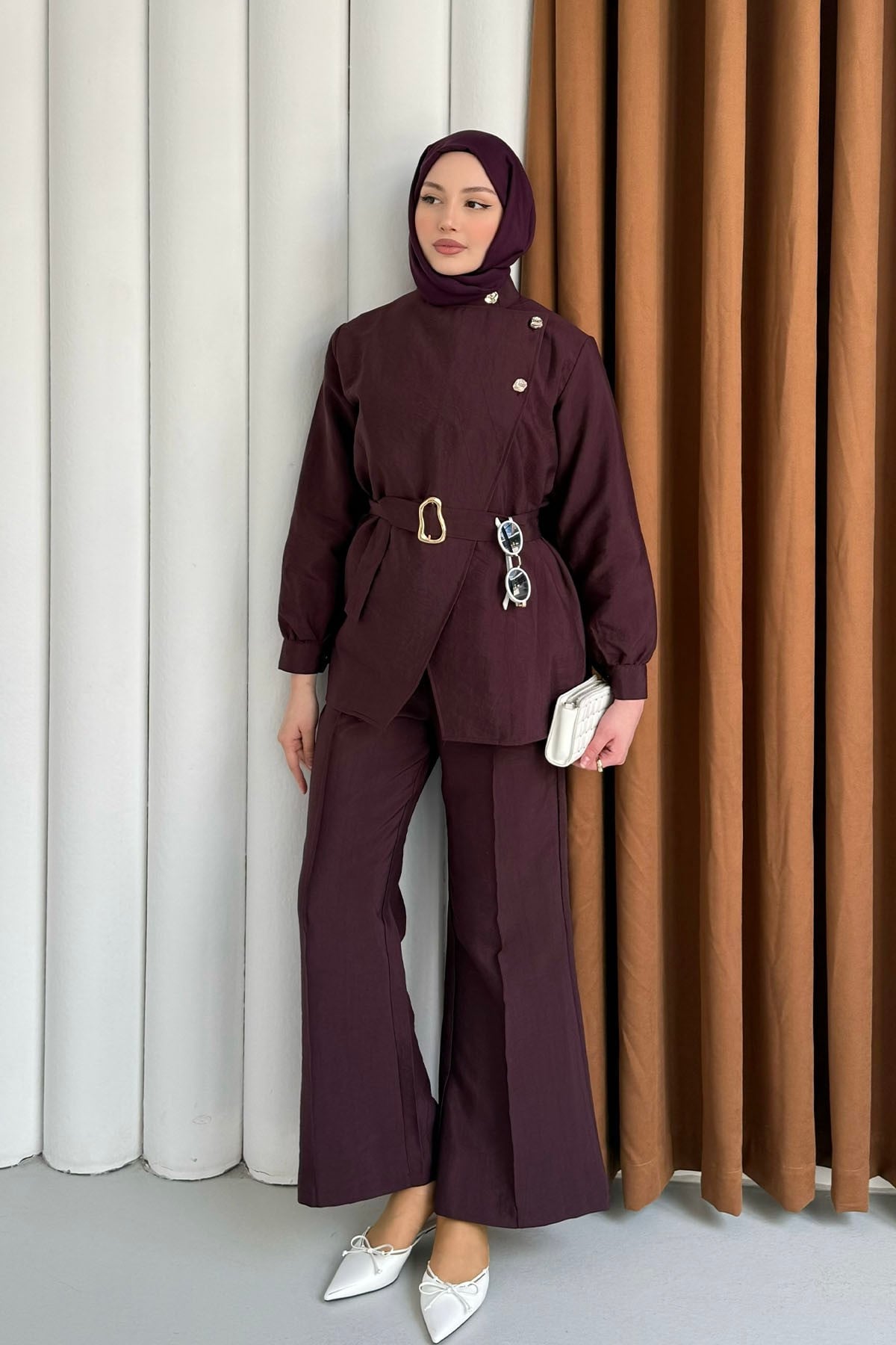 Minimal Asimetrik Kesim Pantolonlu Tesettür Takım-BORDO