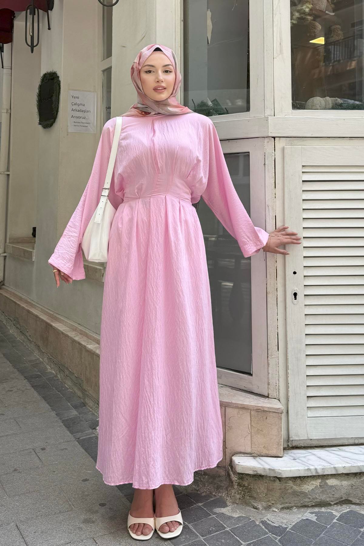 Minimal Bel Bağçıklı Tesettür Elbise-PEMBE