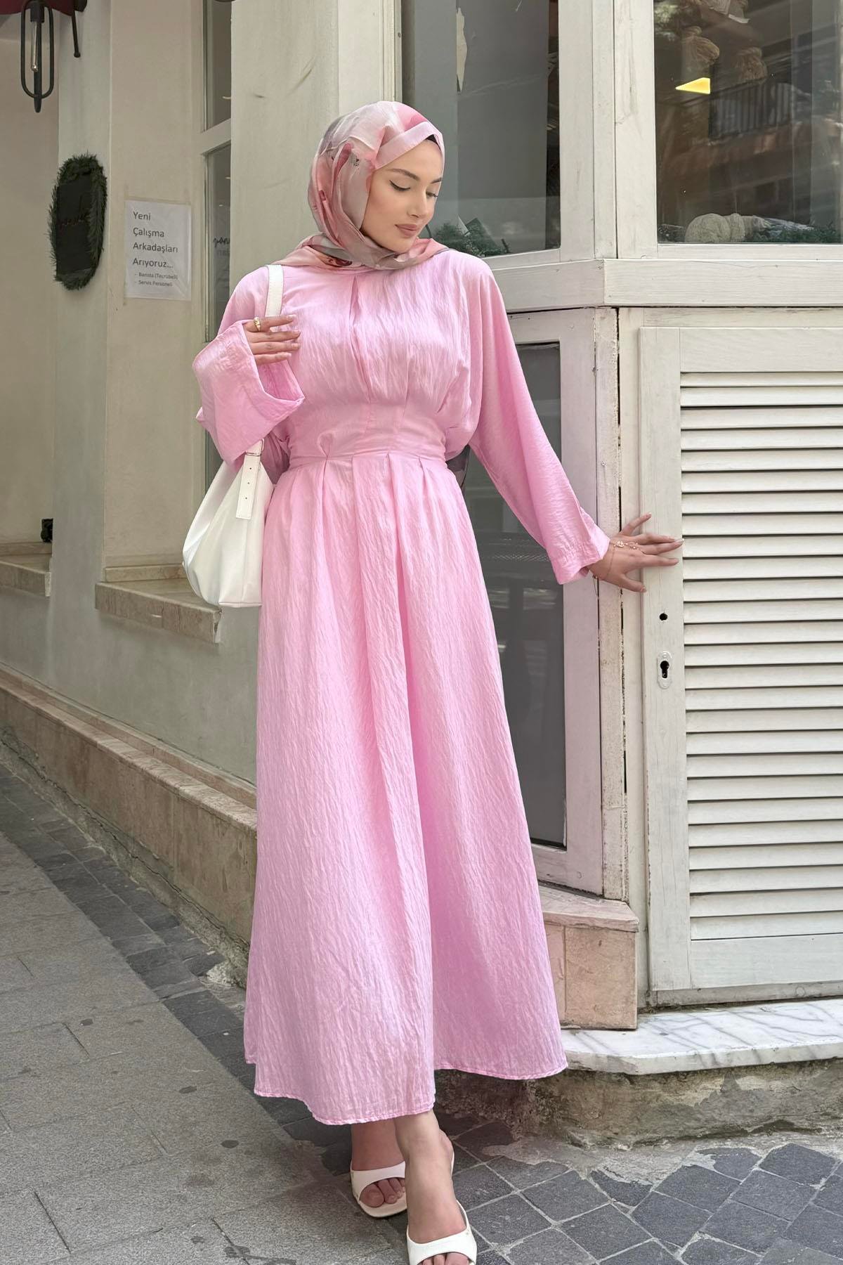 Minimal Bel Bağçıklı Tesettür Elbise-PEMBE