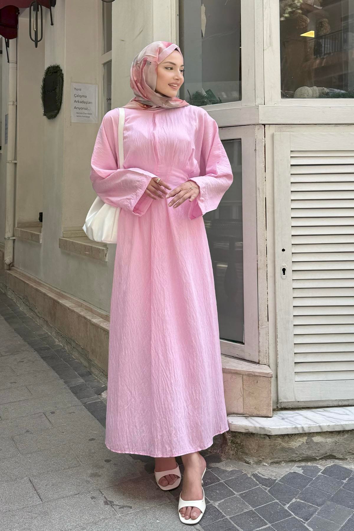 Minimal Bel Bağçıklı Tesettür Elbise-PEMBE