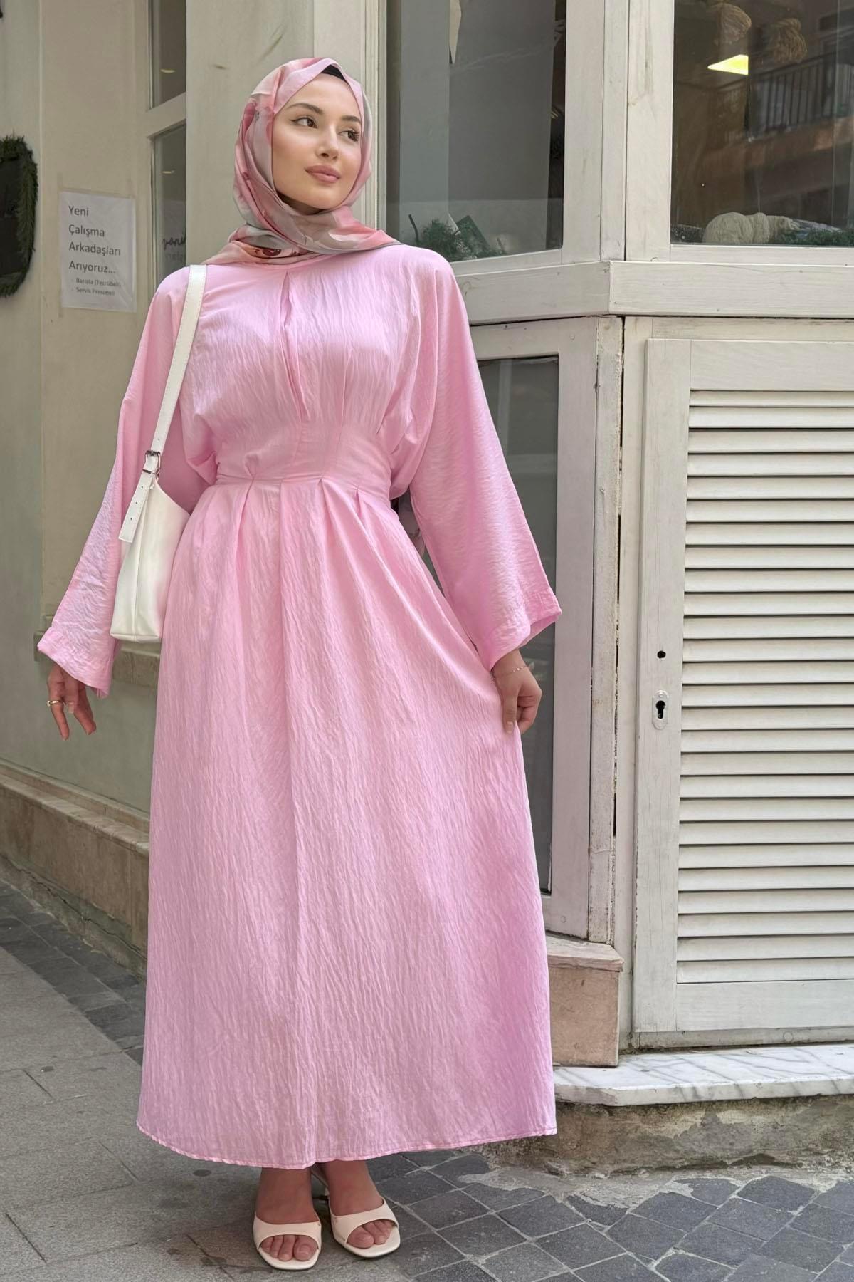 Minimal Bel Bağçıklı Tesettür Elbise-PEMBE