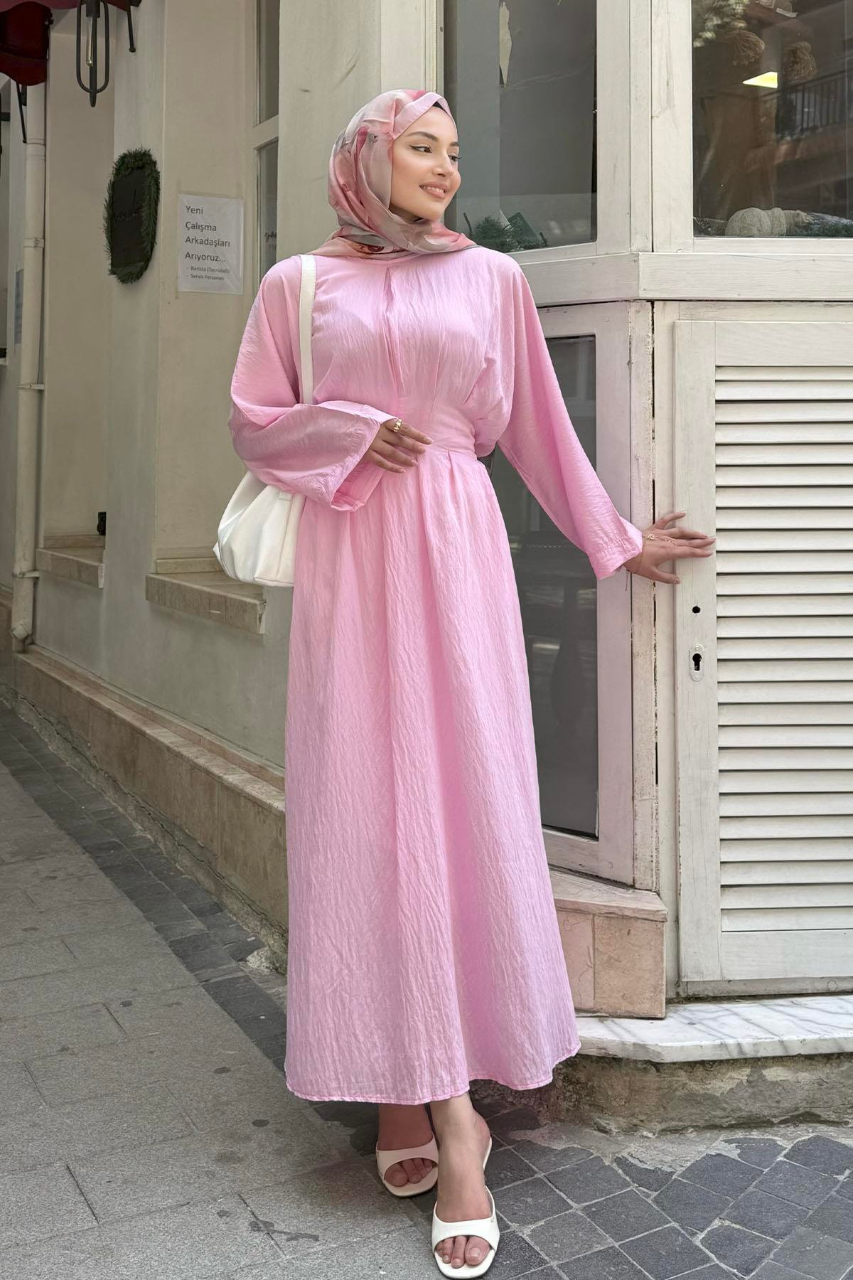 Minimal Bel Bağçıklı Tesettür Elbise-PEMBE