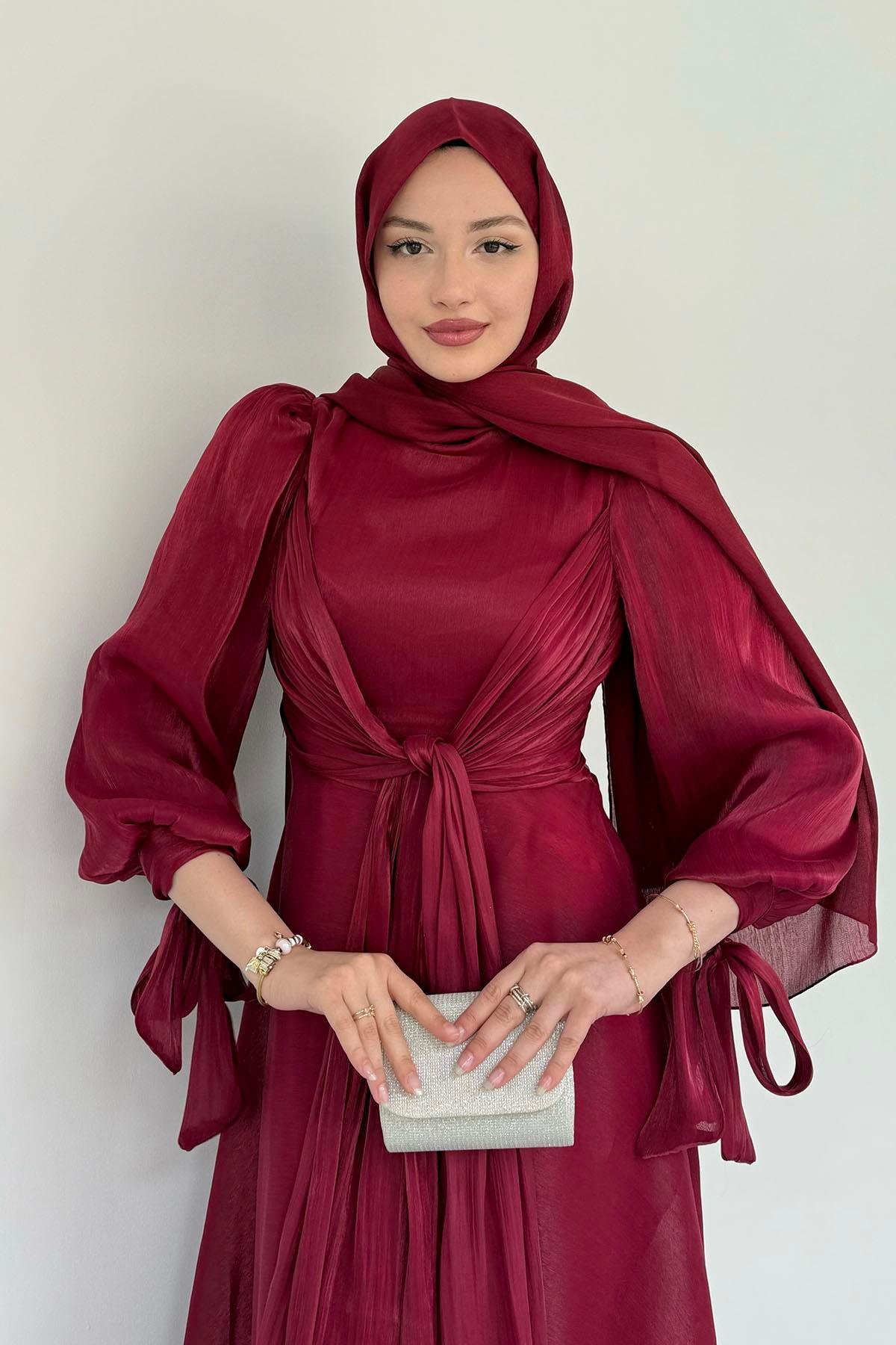 Mira Önden Bağlamalı Jan Jan Tesettür Abiye-BORDO