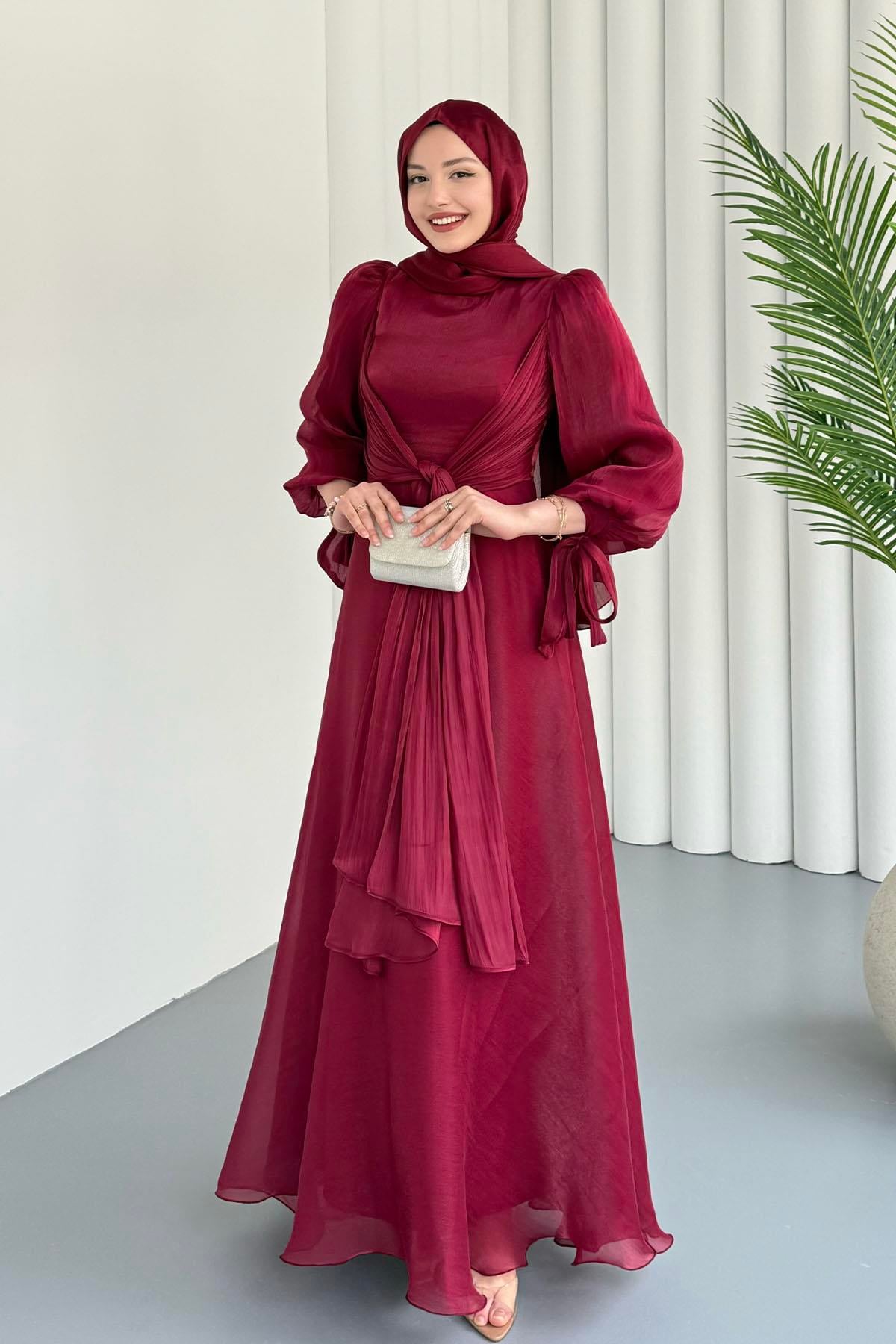 Mira Önden Bağlamalı Jan Jan Tesettür Abiye-BORDO