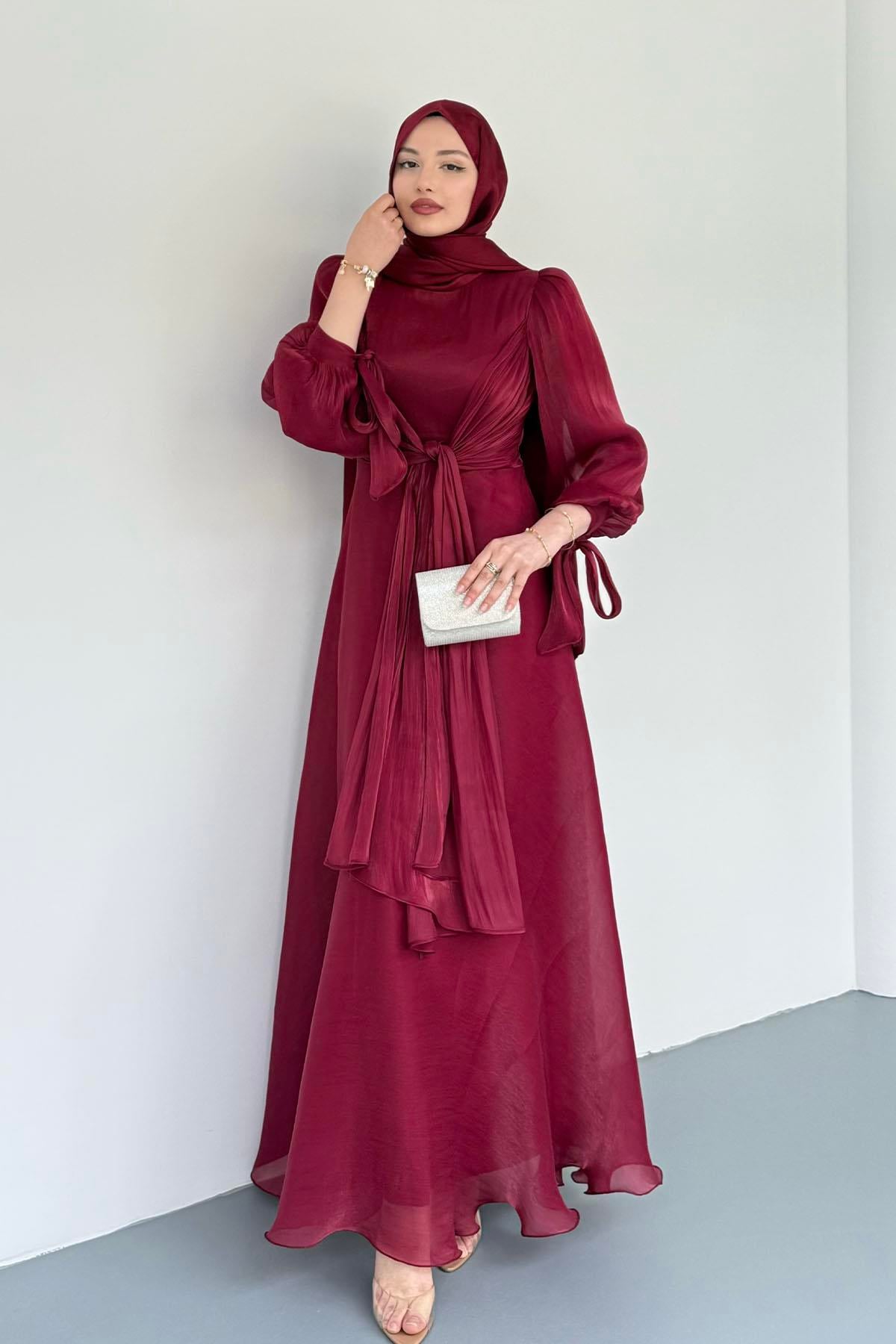 Mira Önden Bağlamalı Jan Jan Tesettür Abiye-BORDO