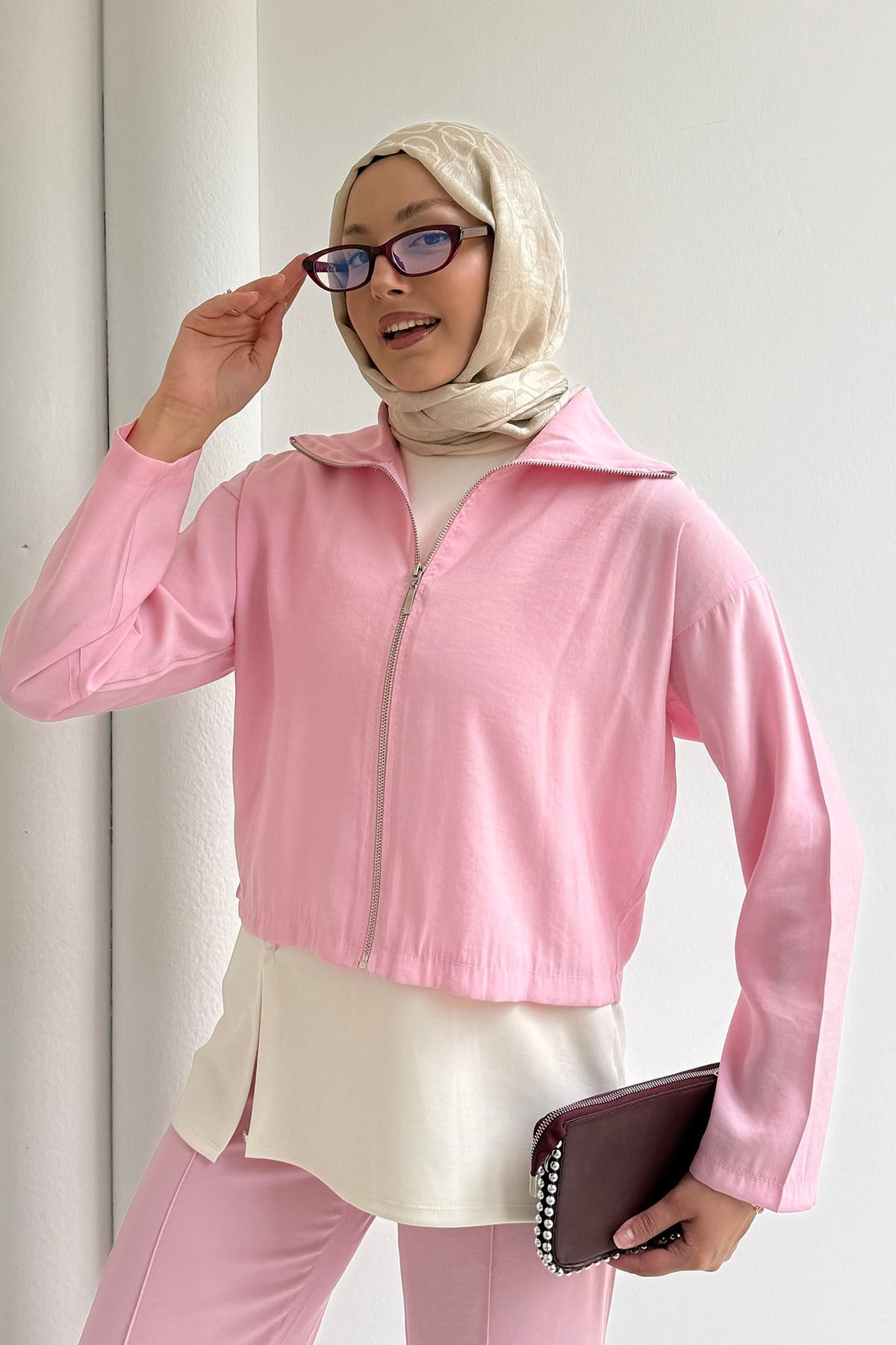 Modal Kumaş 3'lü Pantolonlu Tesettür Takım-PEMBE
