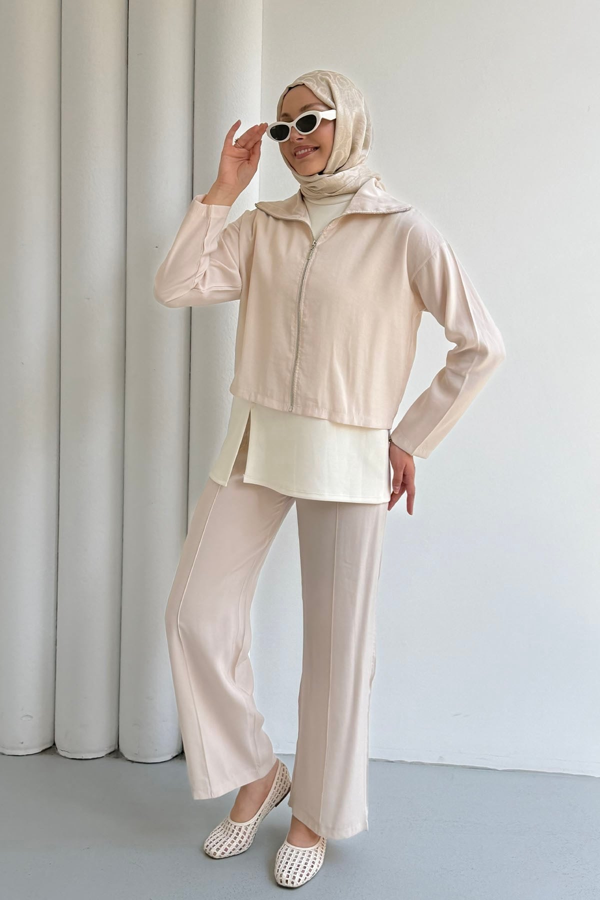 Modal Kumaş 3'lü Pantolonlu Tesettür Takım-BEJ