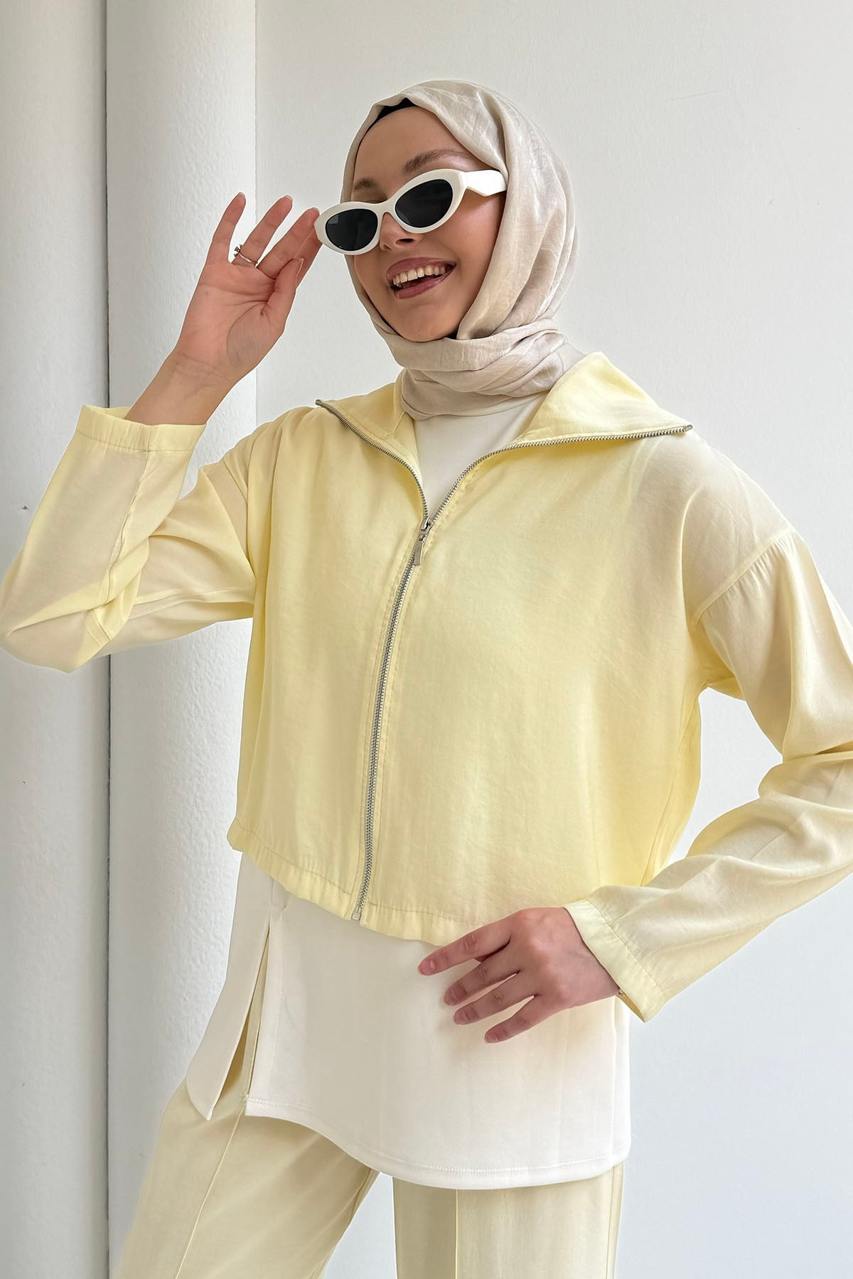 Modal Kumaş 3'lü Pantolonlu Tesettür Takım-SARI
