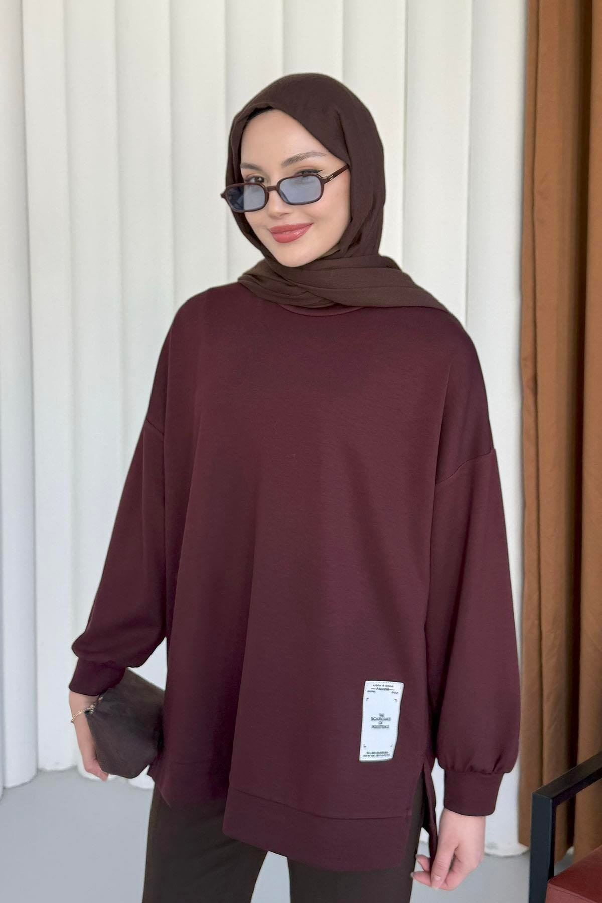 Modal Kumaş Bisiklet Yaka Sweatshirt-BORDO
