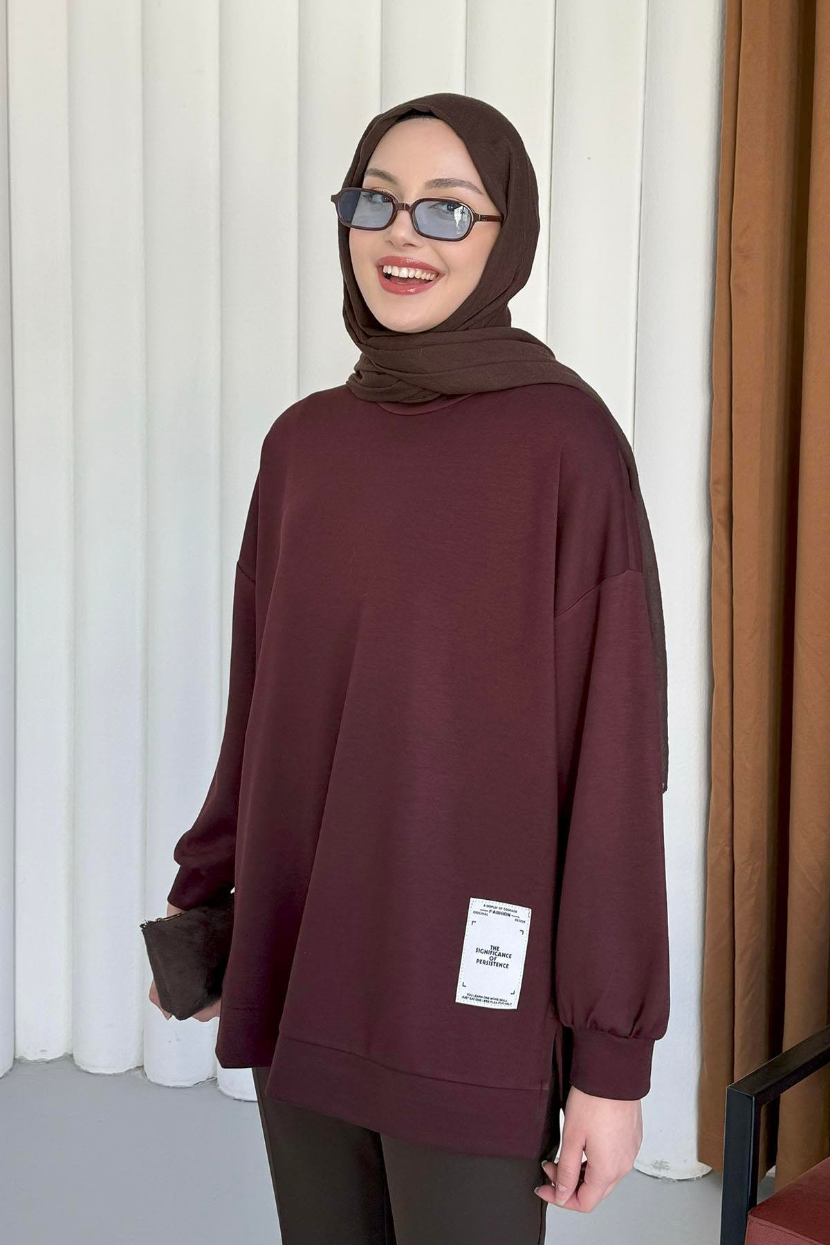 Modal Kumaş Bisiklet Yaka Sweatshirt-BORDO