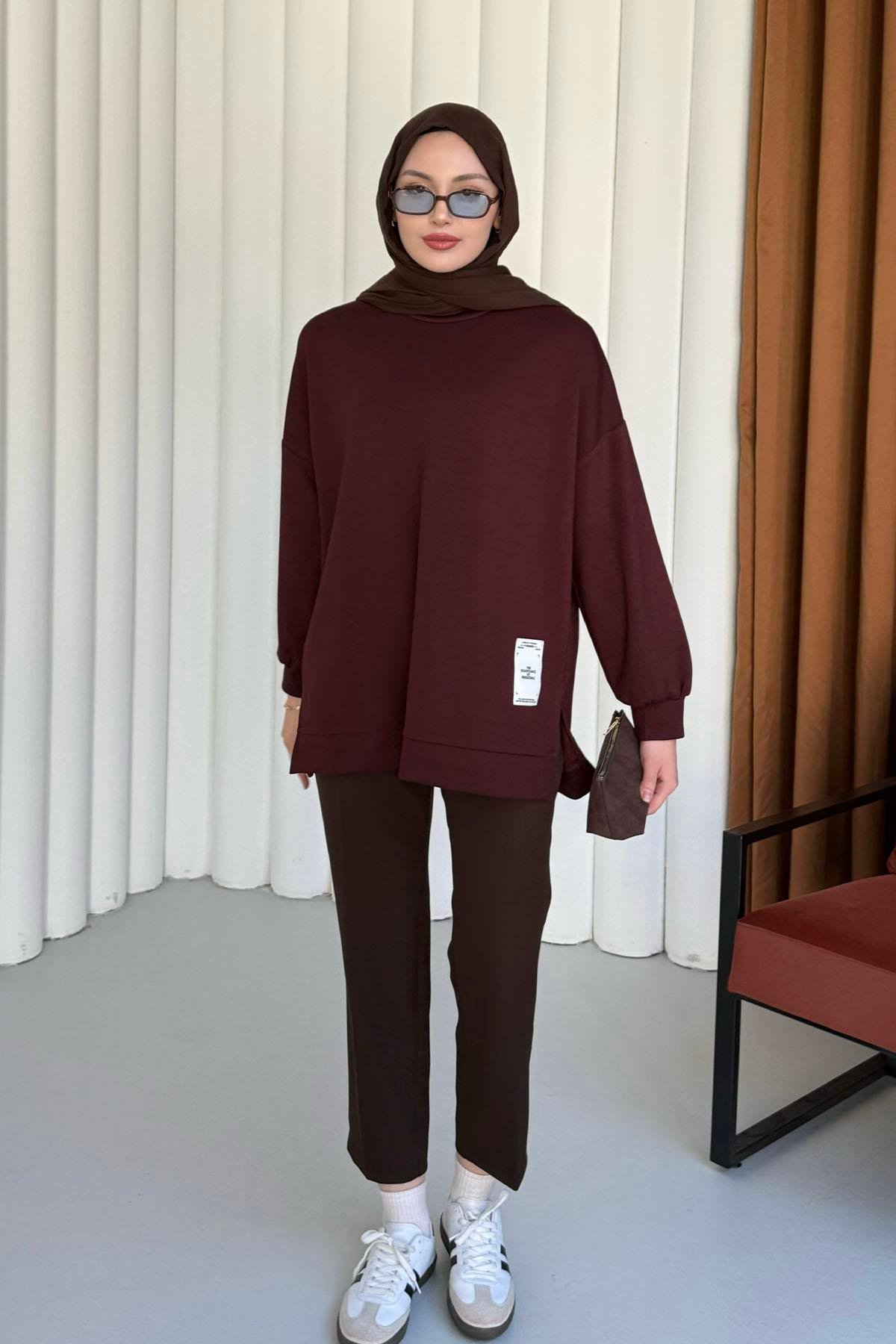 Modal Kumaş Bisiklet Yaka Sweatshirt-BORDO
