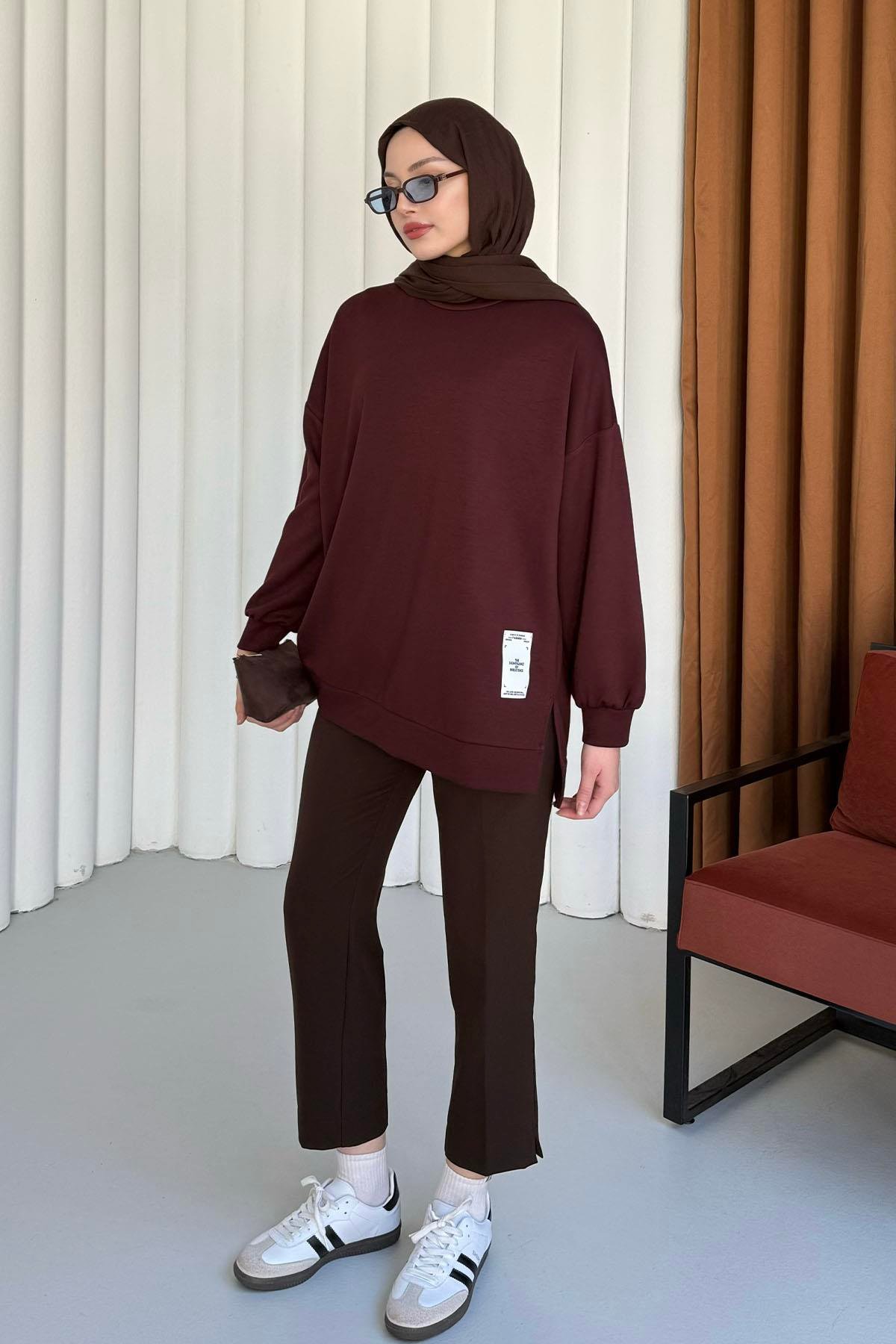 Modal Kumaş Bisiklet Yaka Sweatshirt-BORDO