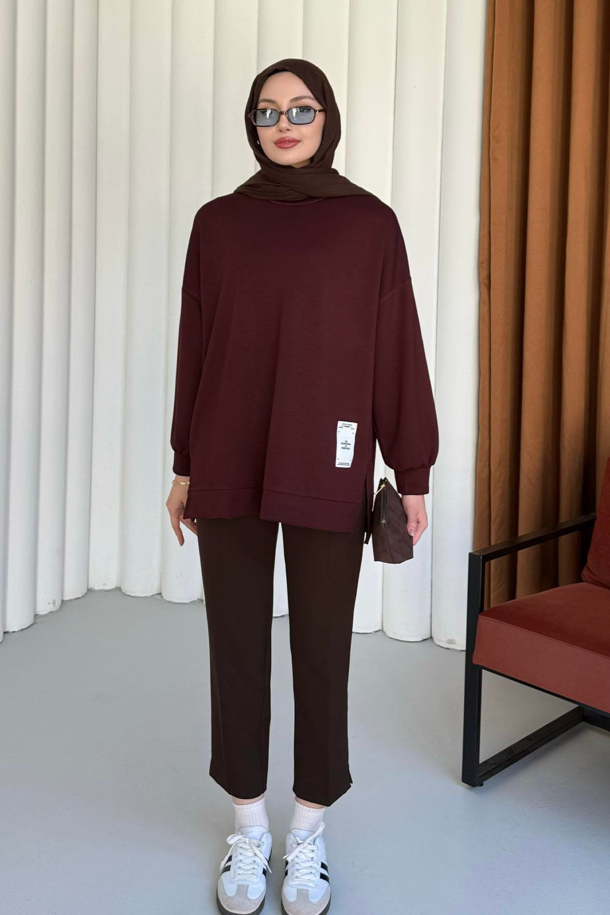Modal Kumaş Bisiklet Yaka Sweatshirt-BORDO