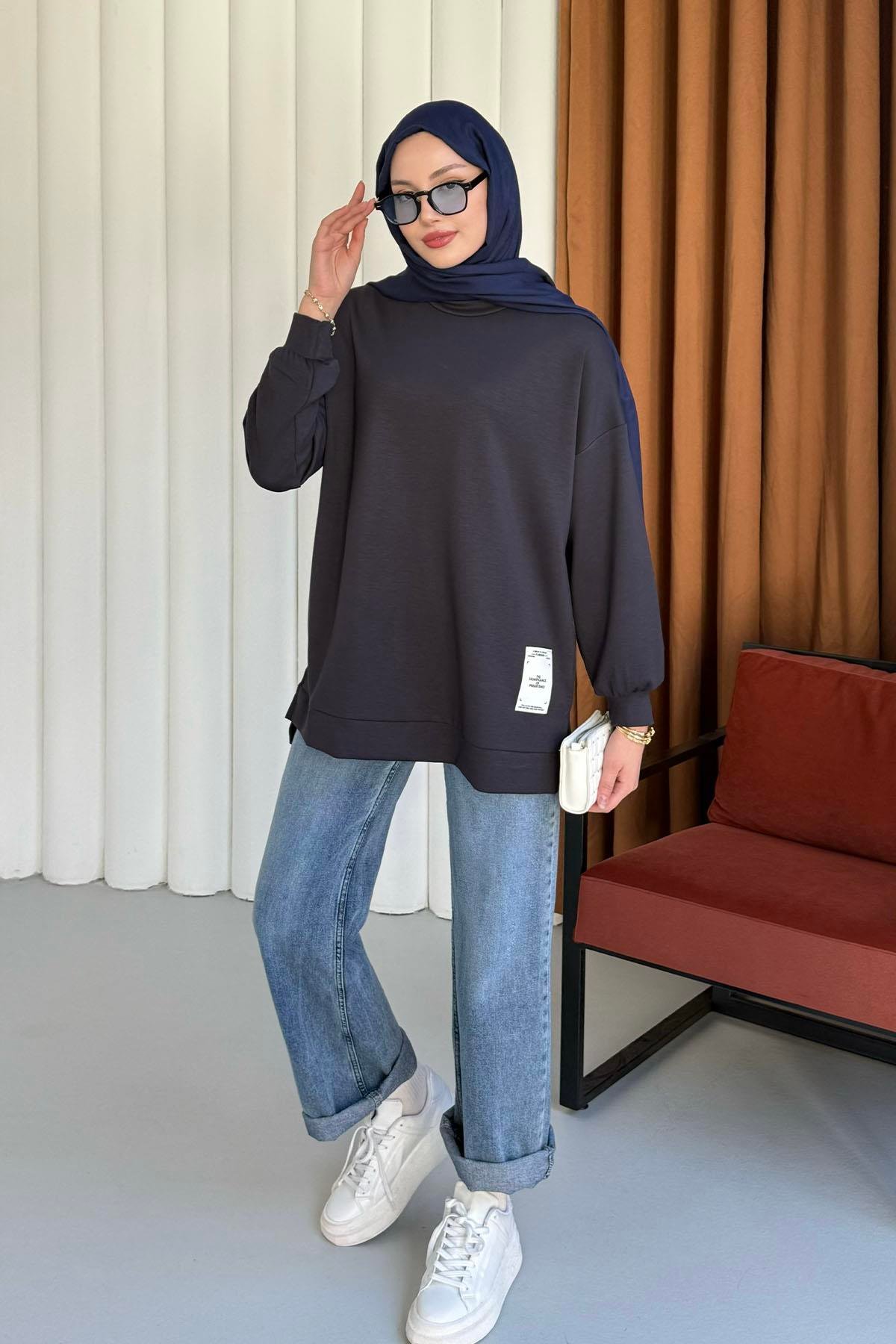 Modal Kumaş Bisiklet Yaka Sweatshirt-FÜME