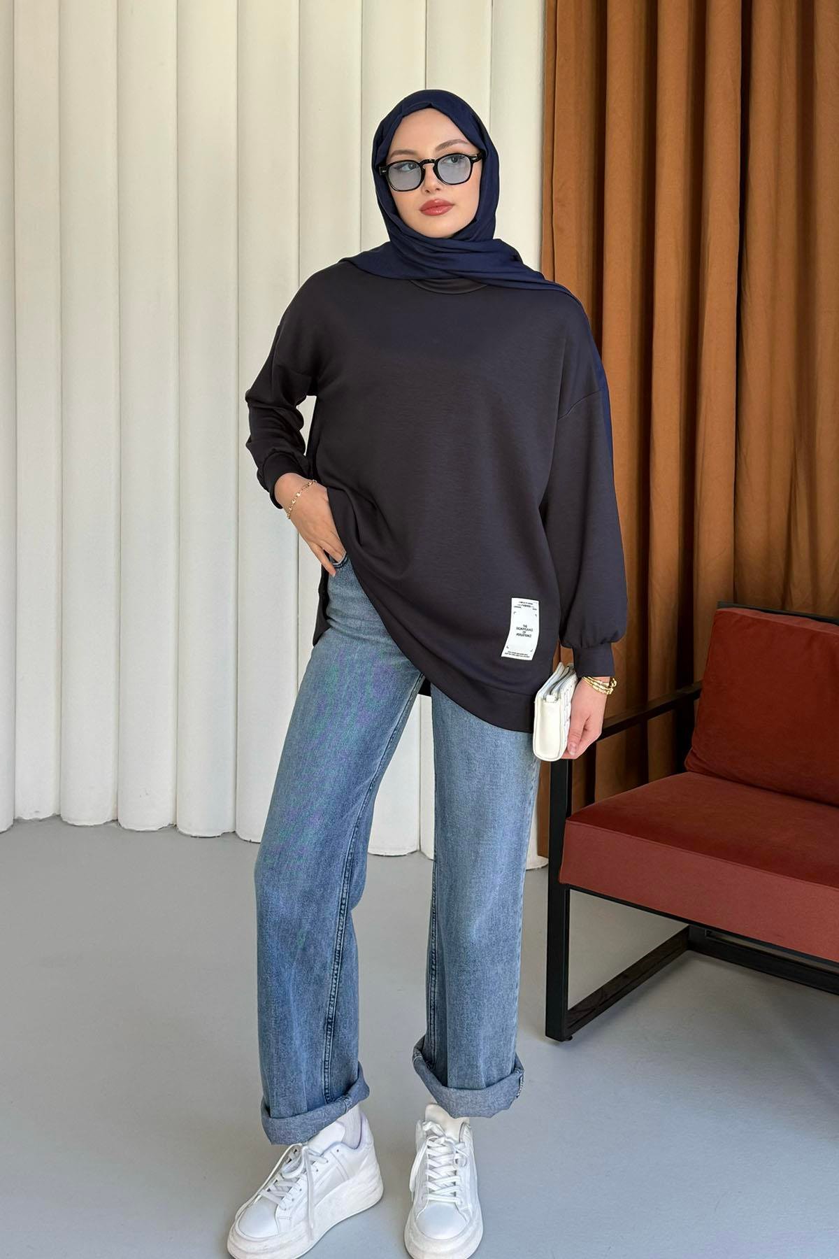 Modal Kumaş Bisiklet Yaka Sweatshirt-FÜME