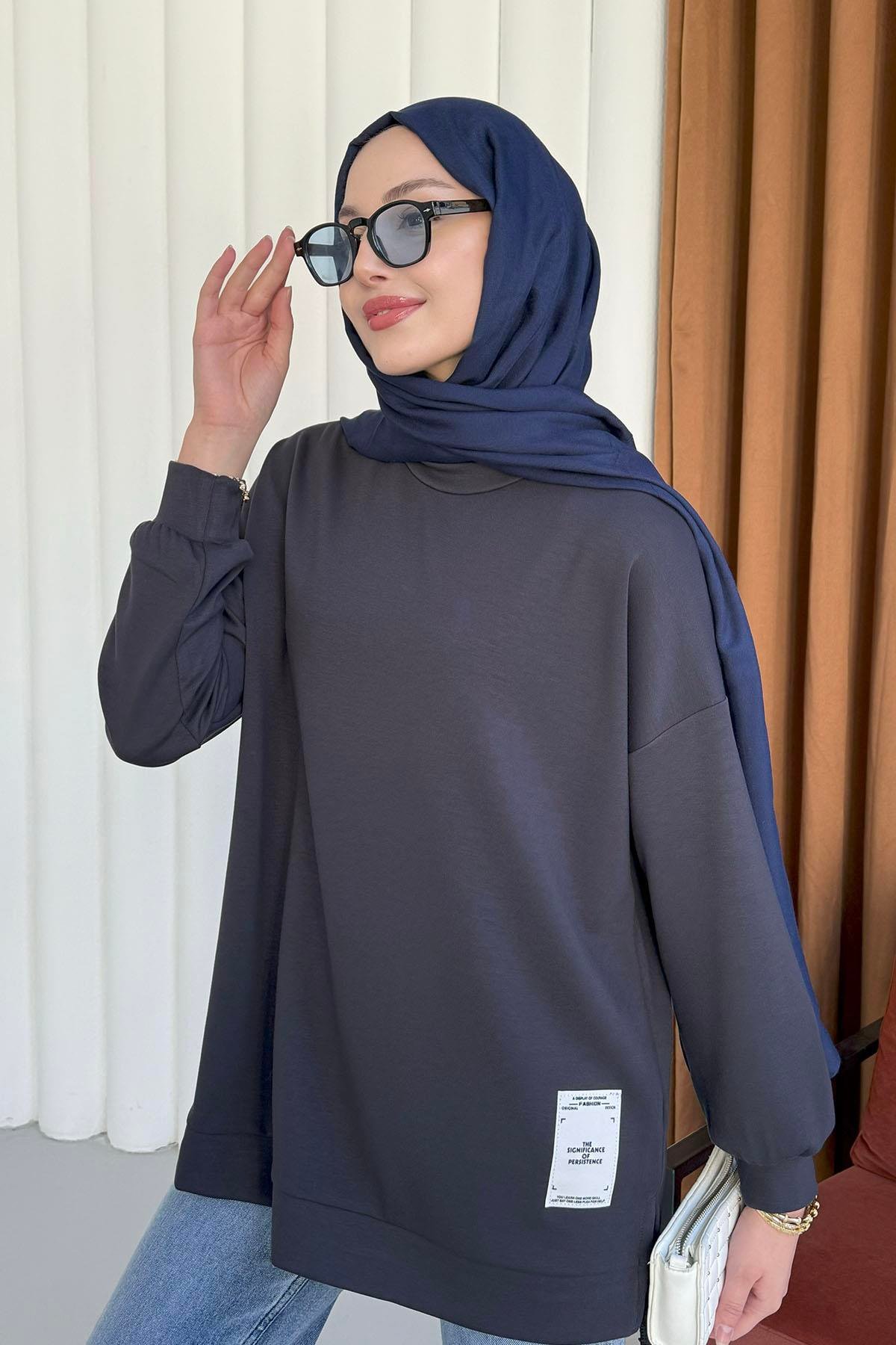 Modal Kumaş Bisiklet Yaka Sweatshirt-FÜME