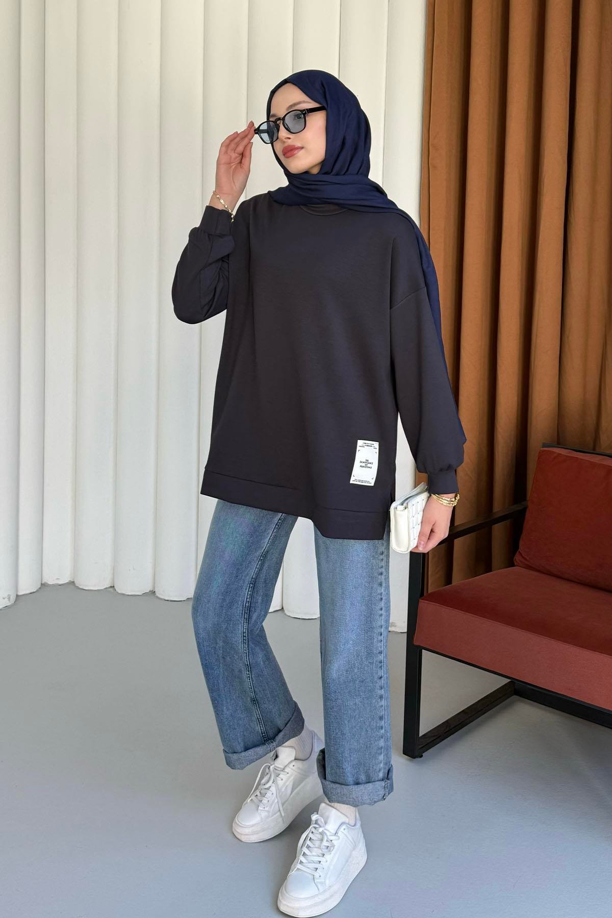 Modal Kumaş Bisiklet Yaka Sweatshirt-FÜME