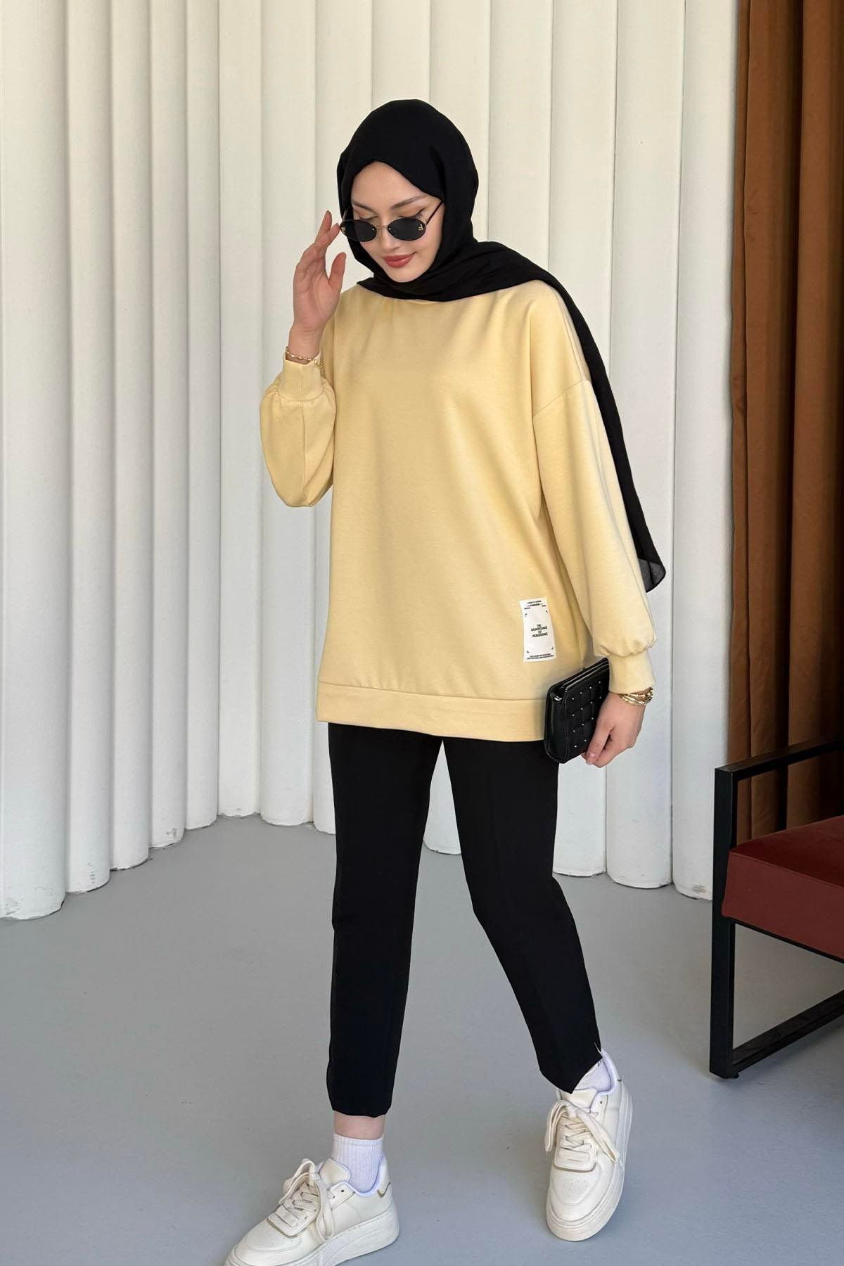 Modal Kumaş Bisiklet Yaka Sweatshirt-SARI