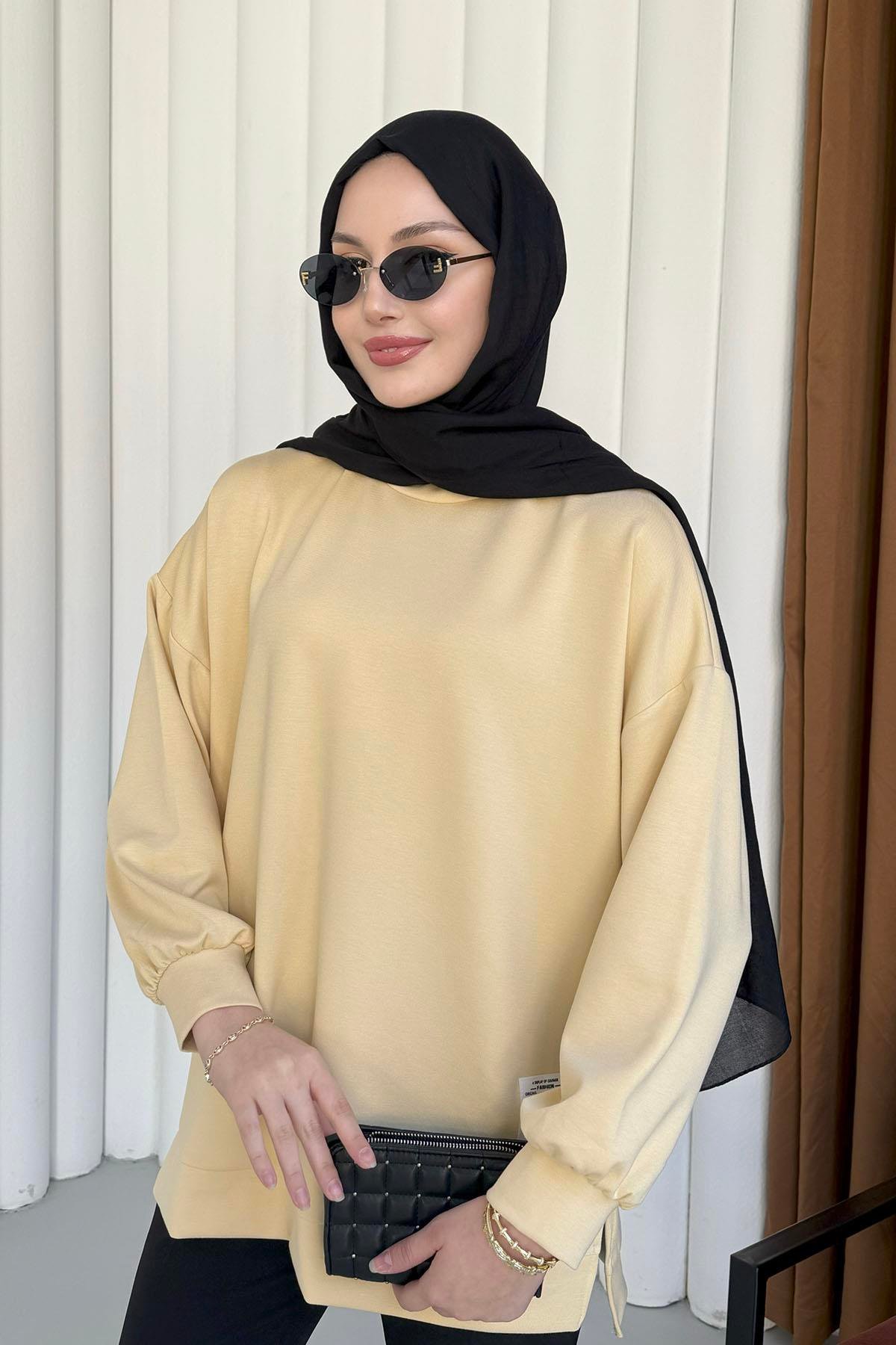 Modal Kumaş Bisiklet Yaka Sweatshirt-SARI