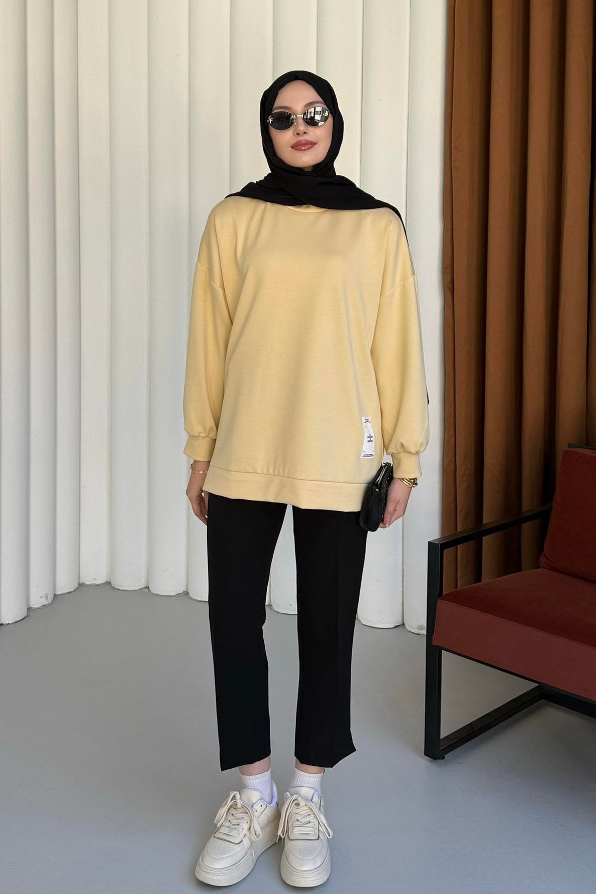Modal Kumaş Bisiklet Yaka Sweatshirt-SARI
