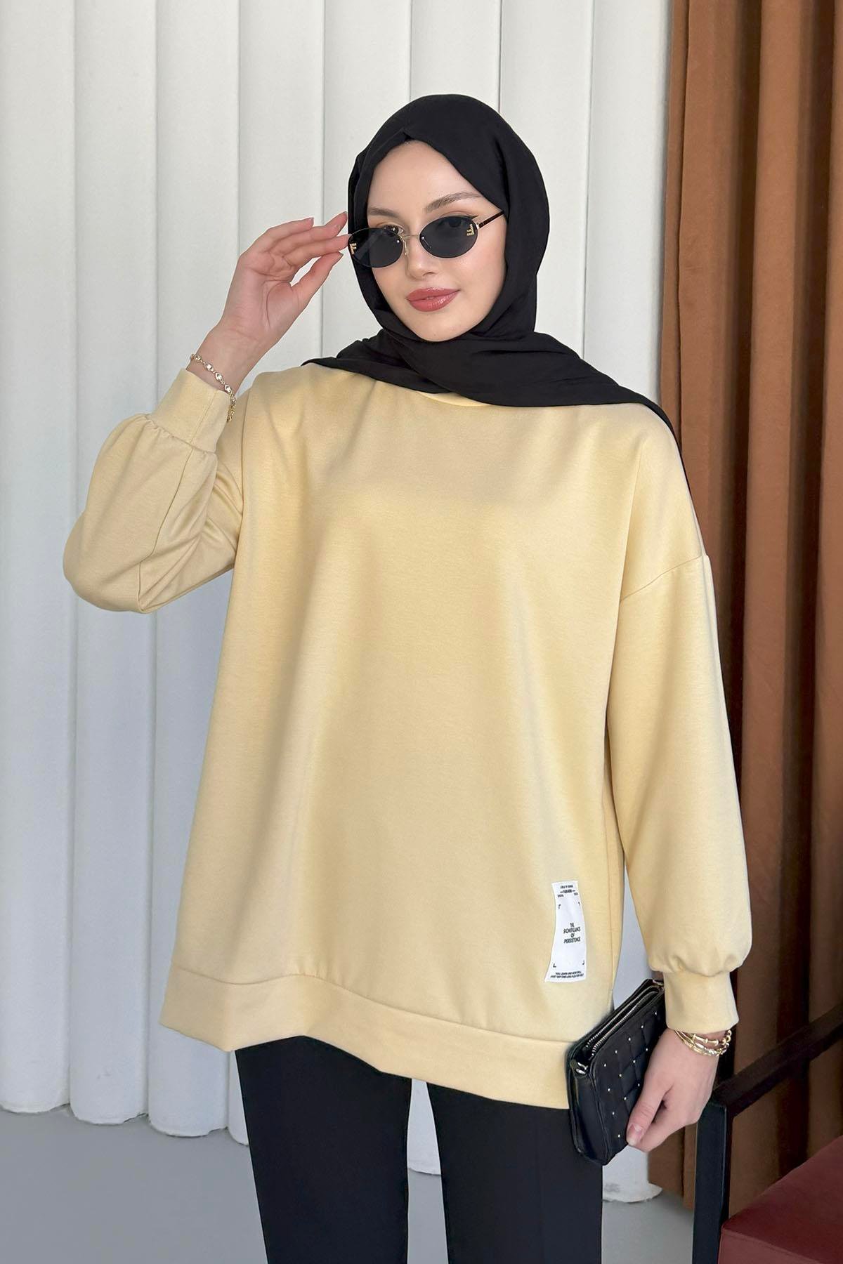 Modal Kumaş Bisiklet Yaka Sweatshirt-SARI