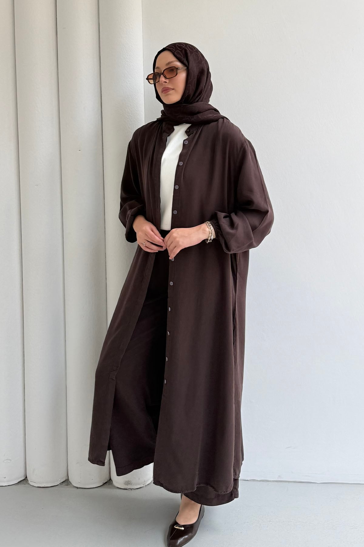 Modal Kumaş Dökümlü Yan Yırtmaçlı Tunik Pantolon Tesettür Takım-KAHVERENGİ