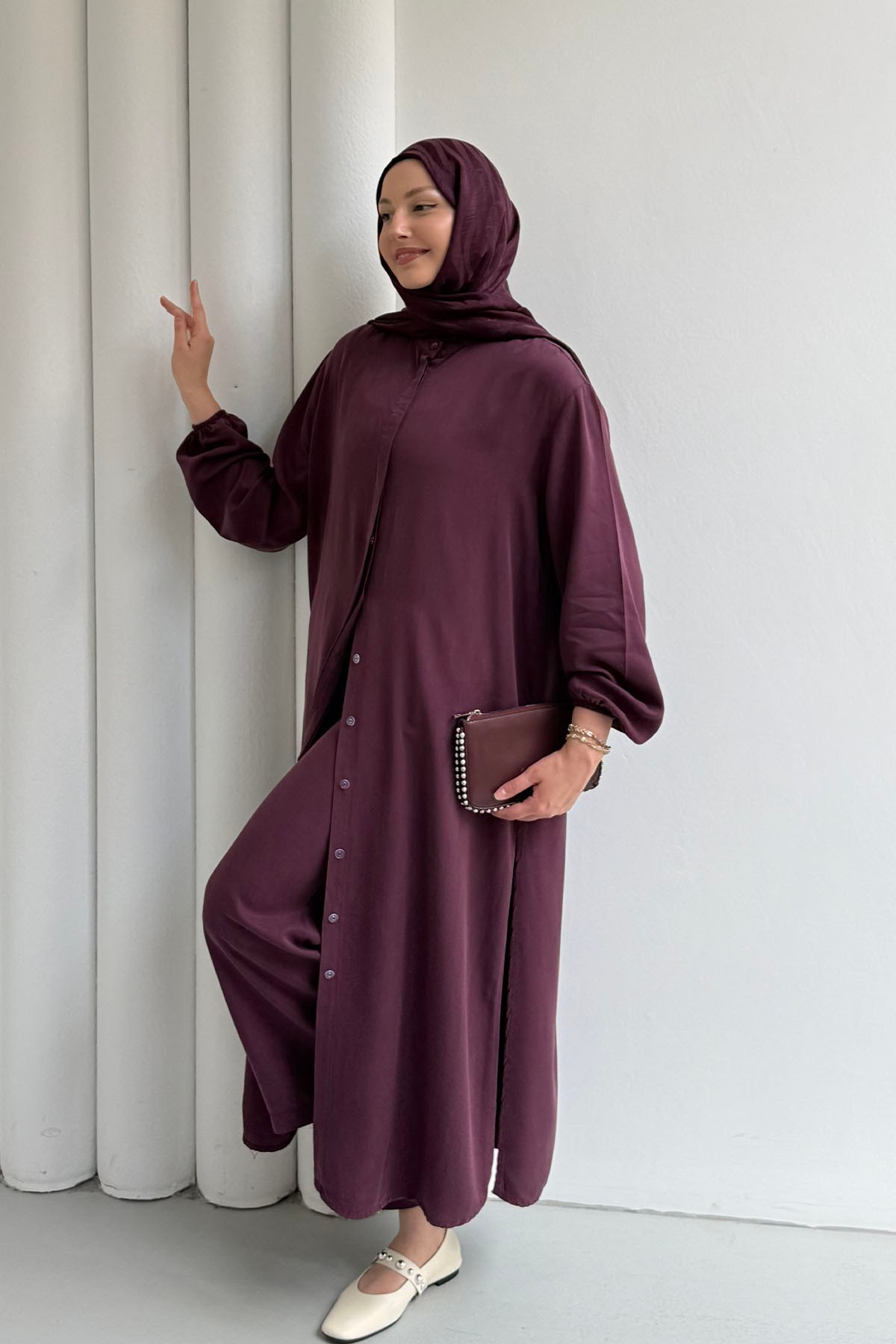 Modal Kumaş Dökümlü Yan Yırtmaçlı Tunik Pantolon Tesettür Takım-BORDO