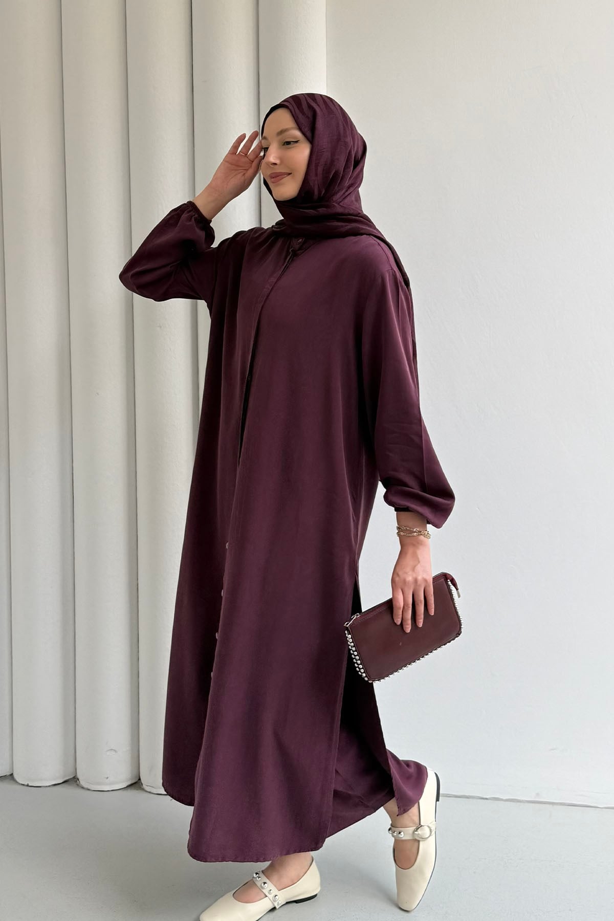 Modal Kumaş Dökümlü Yan Yırtmaçlı Tunik Pantolon Tesettür Takım-BORDO