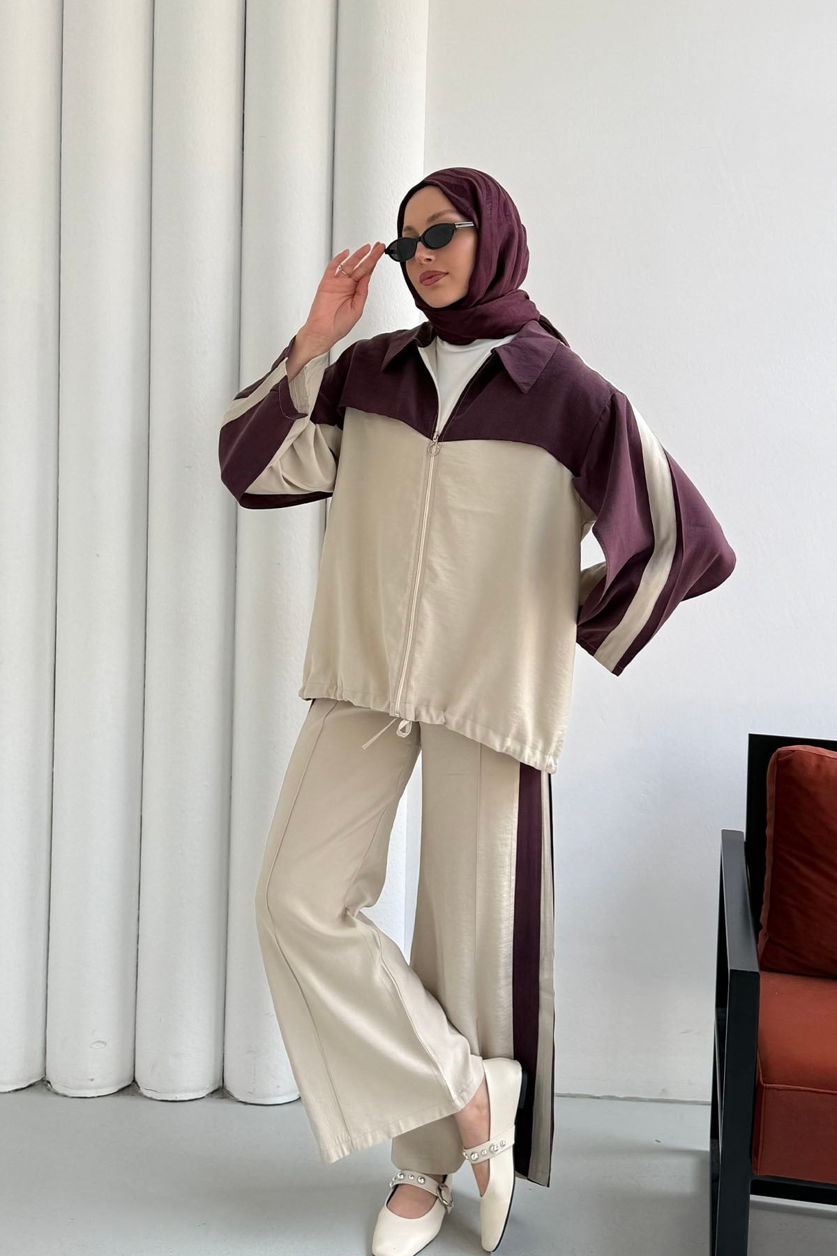 Modal Kumaş Fermuar Garnili Pantolonlu Tesettür Takım-BORDO