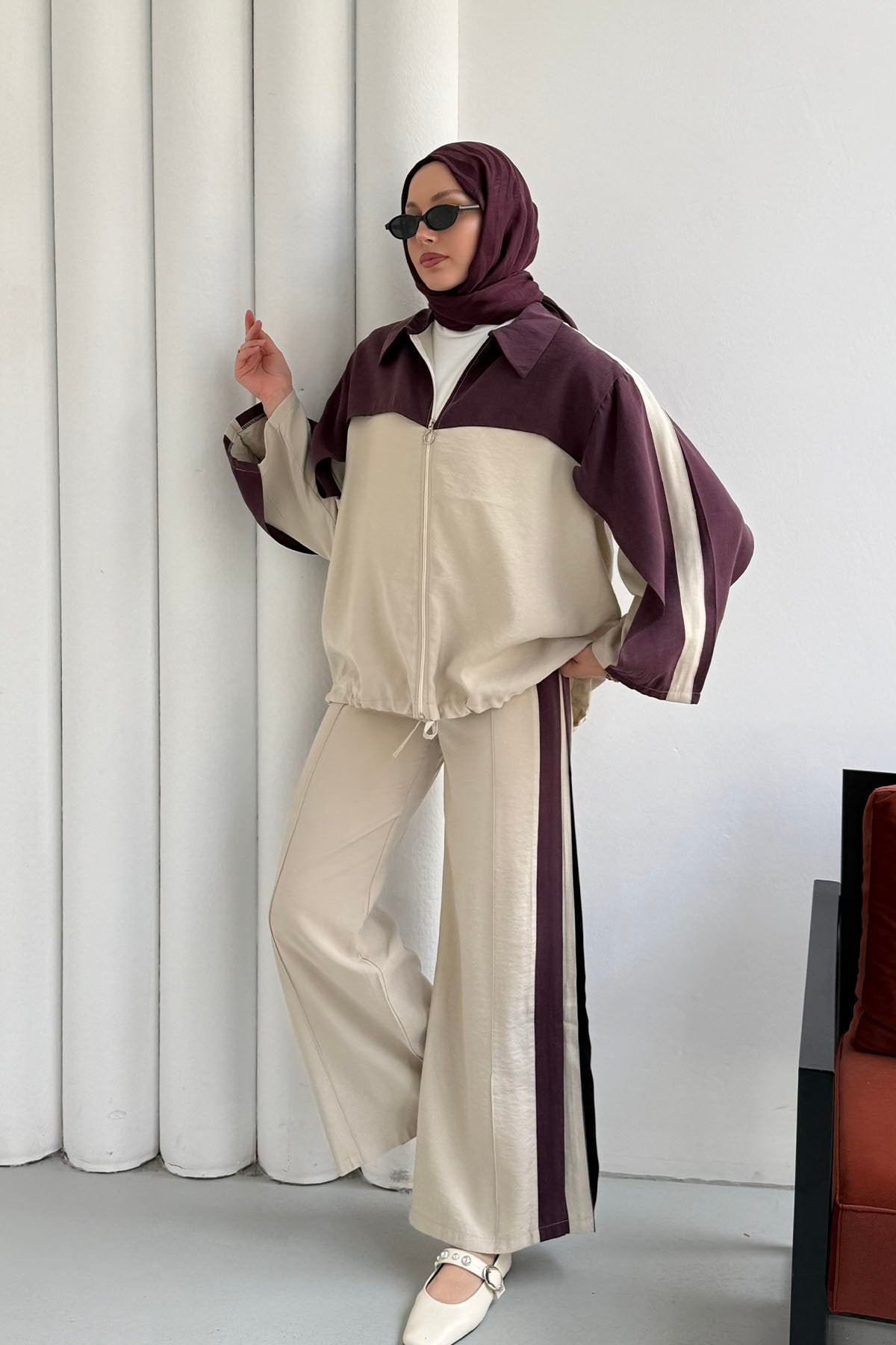 Modal Kumaş Fermuar Garnili Pantolonlu Tesettür Takım-BORDO