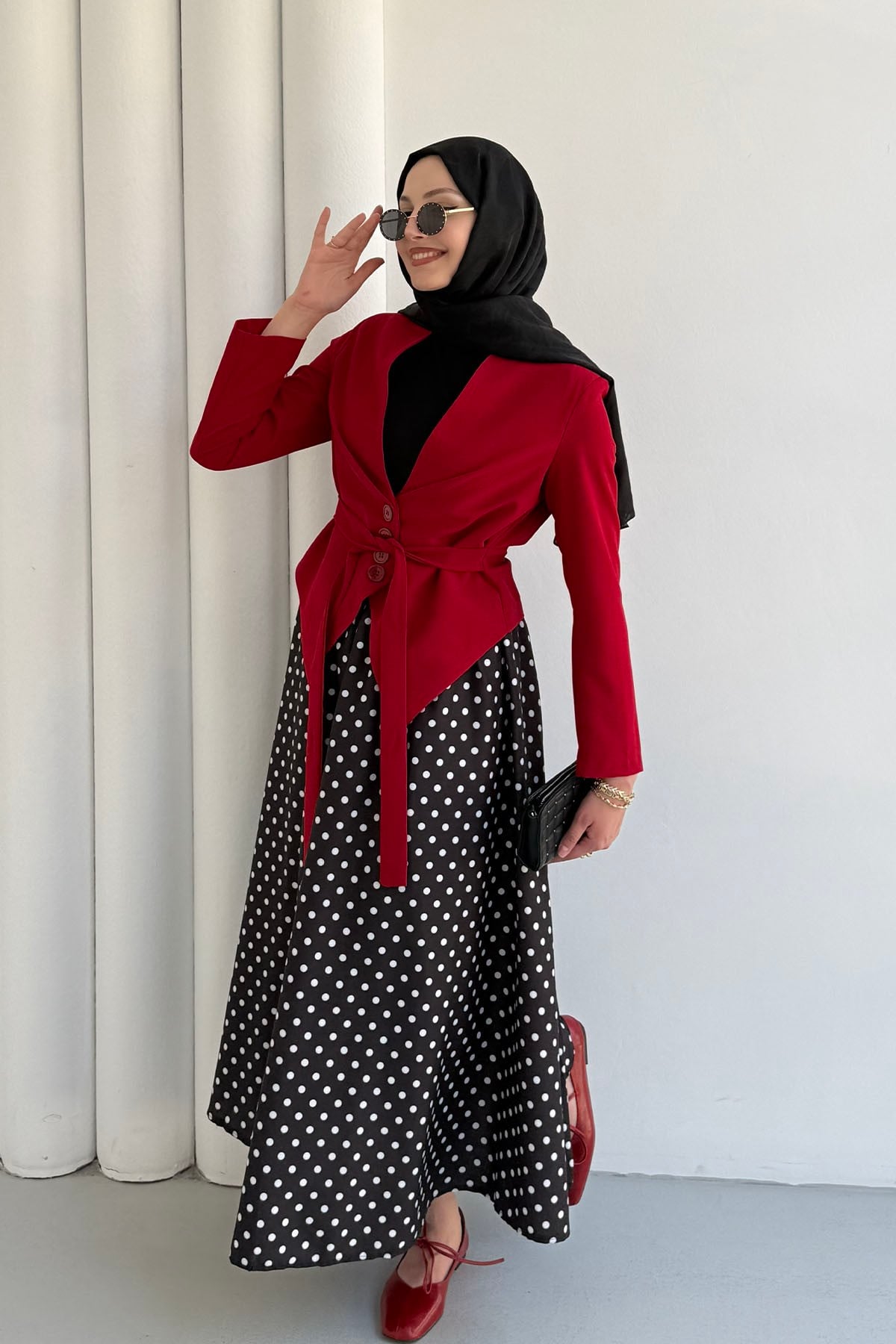 Modern Kesim Beli Pile Detaylı Bağcıklı Ceket-KIRMIZI