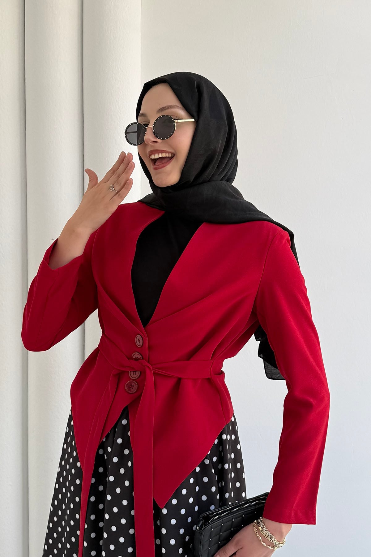 Modern Kesim Beli Pile Detaylı Bağcıklı Ceket-KIRMIZI