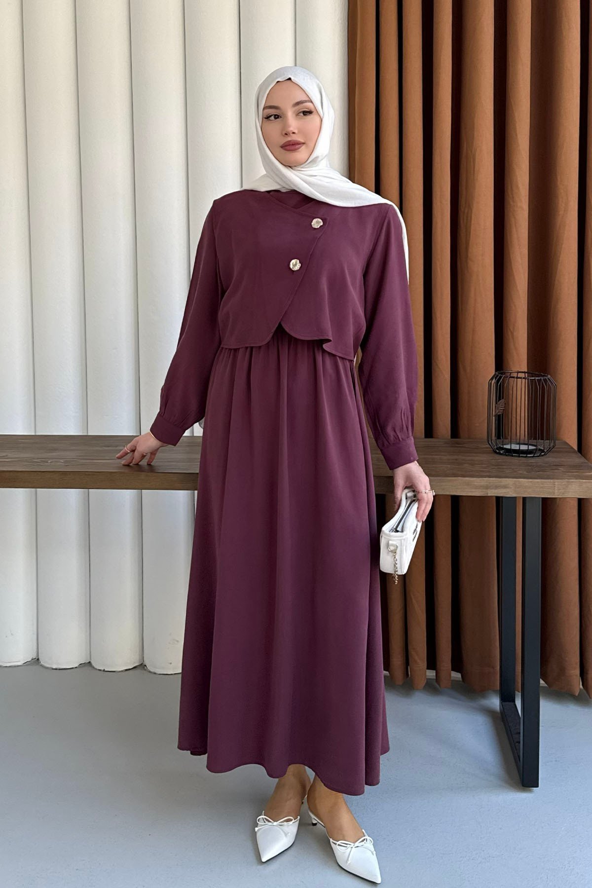 Mono Beli Lastikli Yelek Detaylı Tesettür Elbise-BORDO
