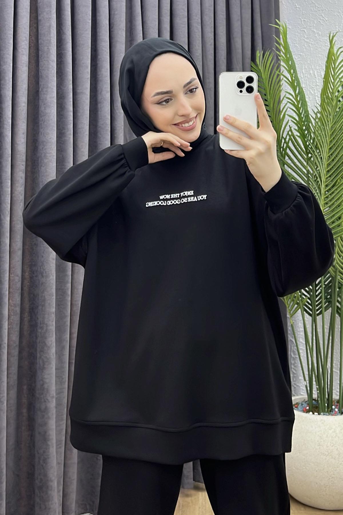 Nakış Detaylı Oversize Spor Tesettür Takım-SİYAH