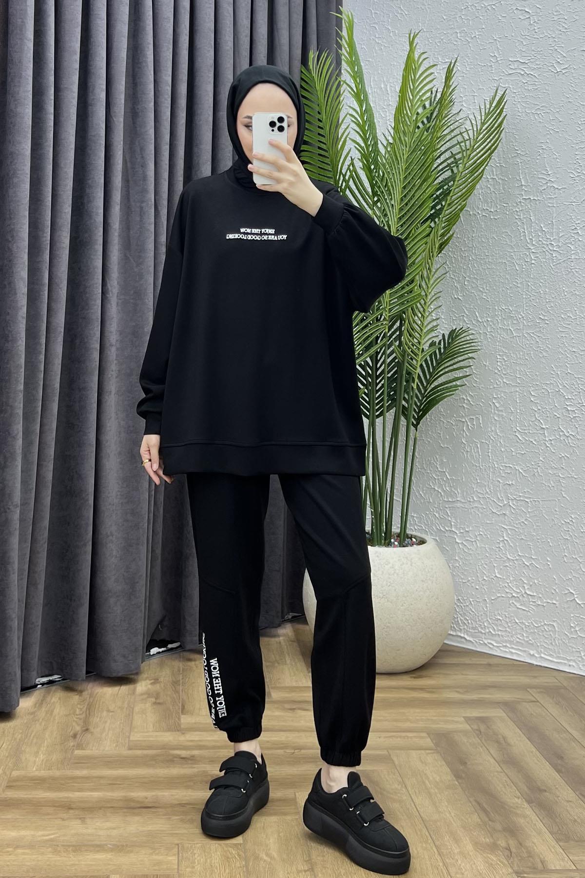 Nakış Detaylı Oversize Spor Tesettür Takım-SİYAH