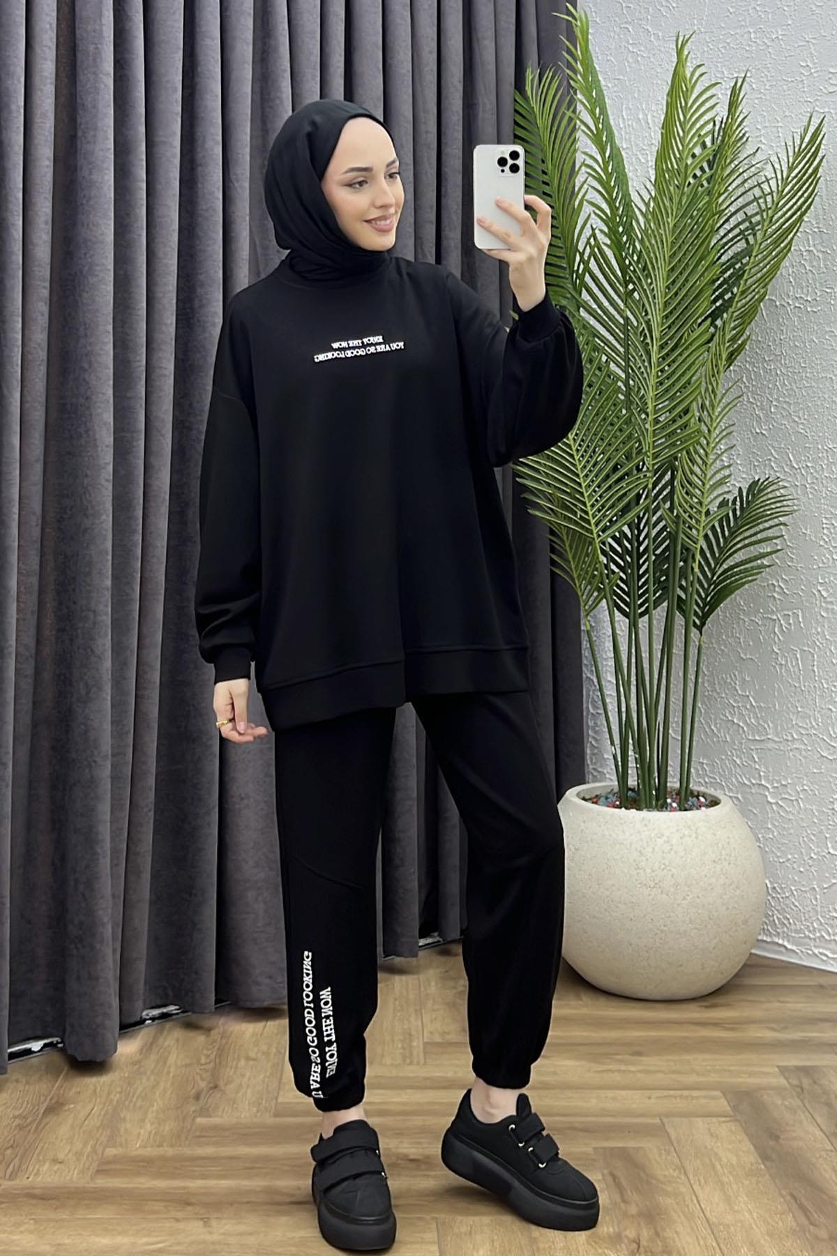 Nakış Detaylı Oversize Spor Tesettür Takım-SİYAH