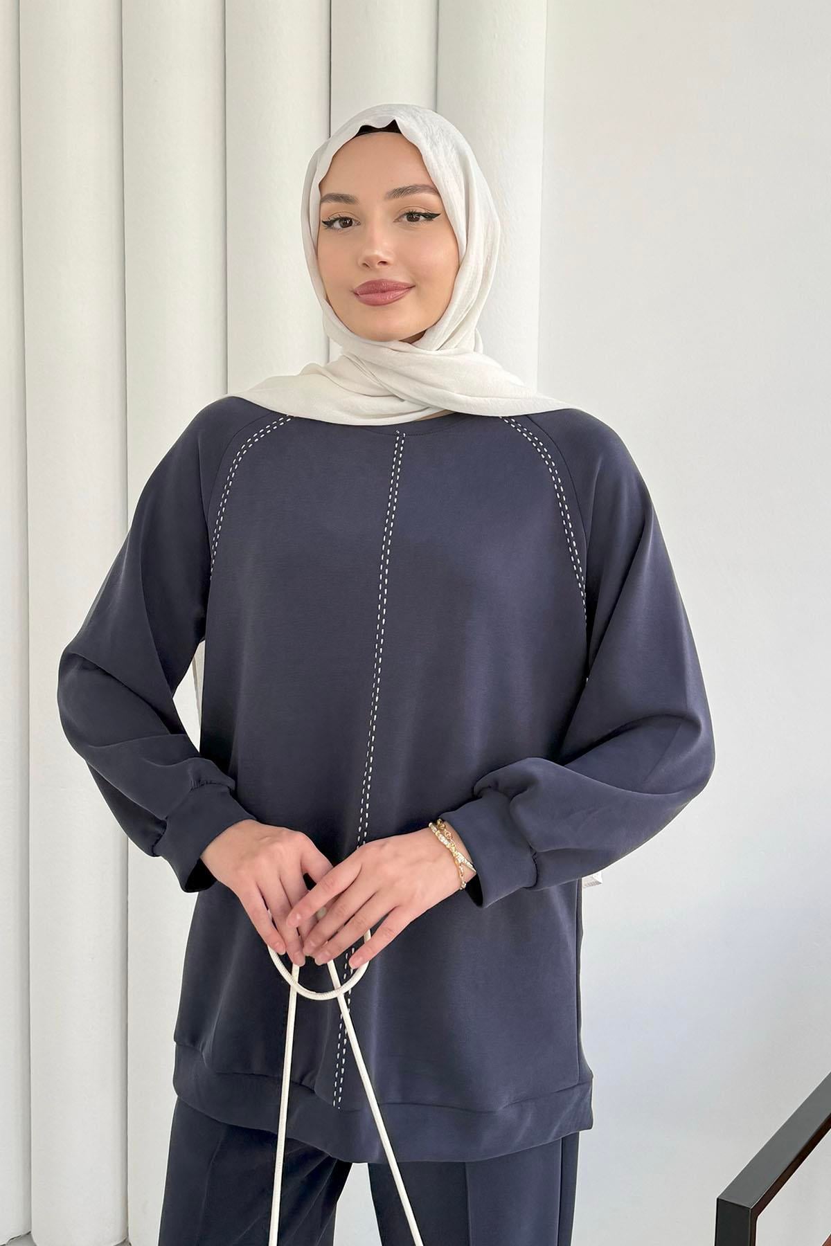 Nakış İşlemeli Oysho Kumaş Pantolonlu Tesettür Takım-LACİVERT