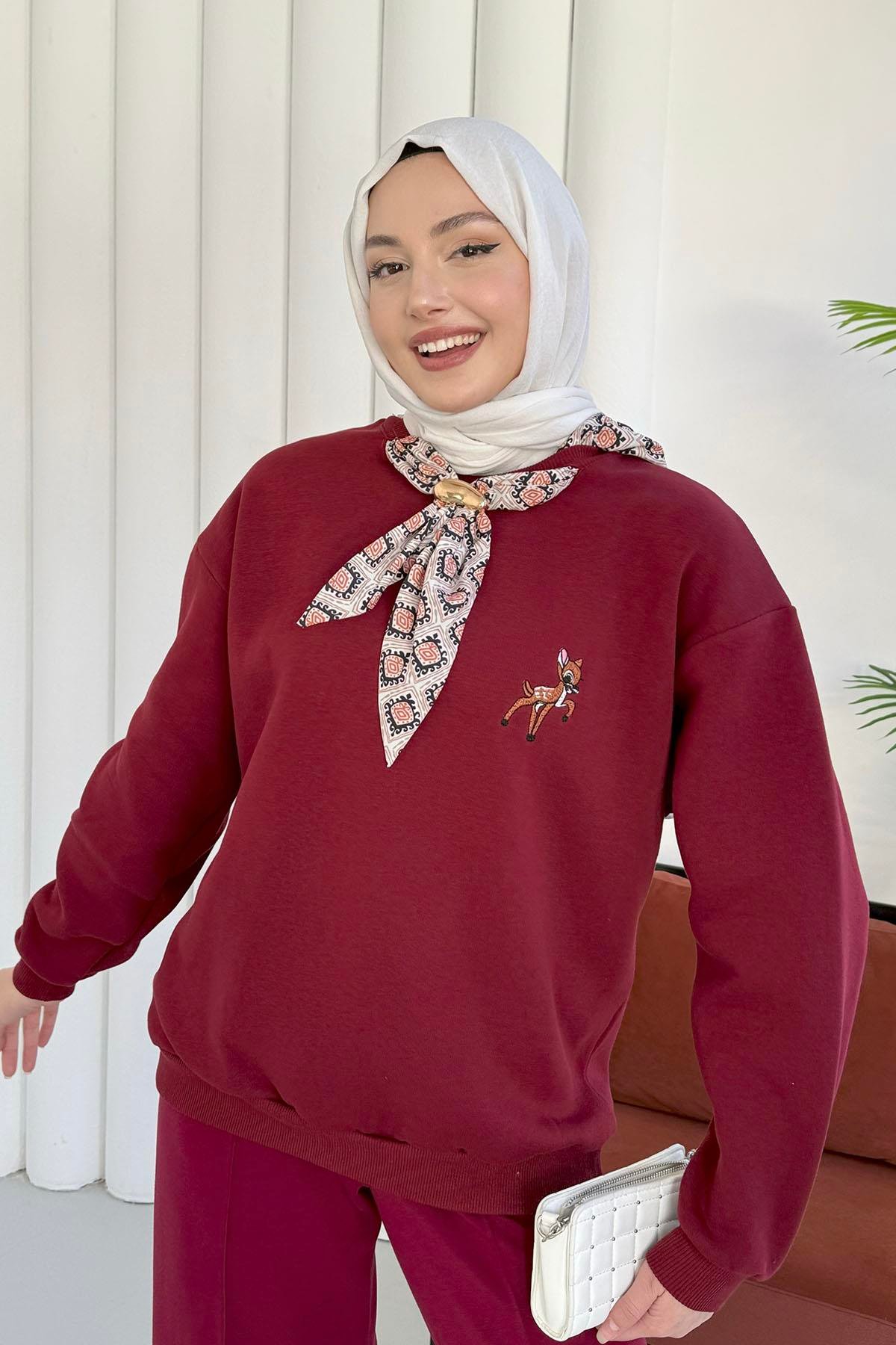 Nakışlı Fularlı Oversize Sweatshirt-BORDO