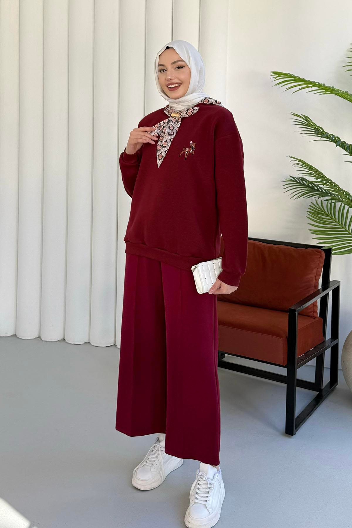 Nakışlı Fularlı Oversize Sweatshirt-BORDO