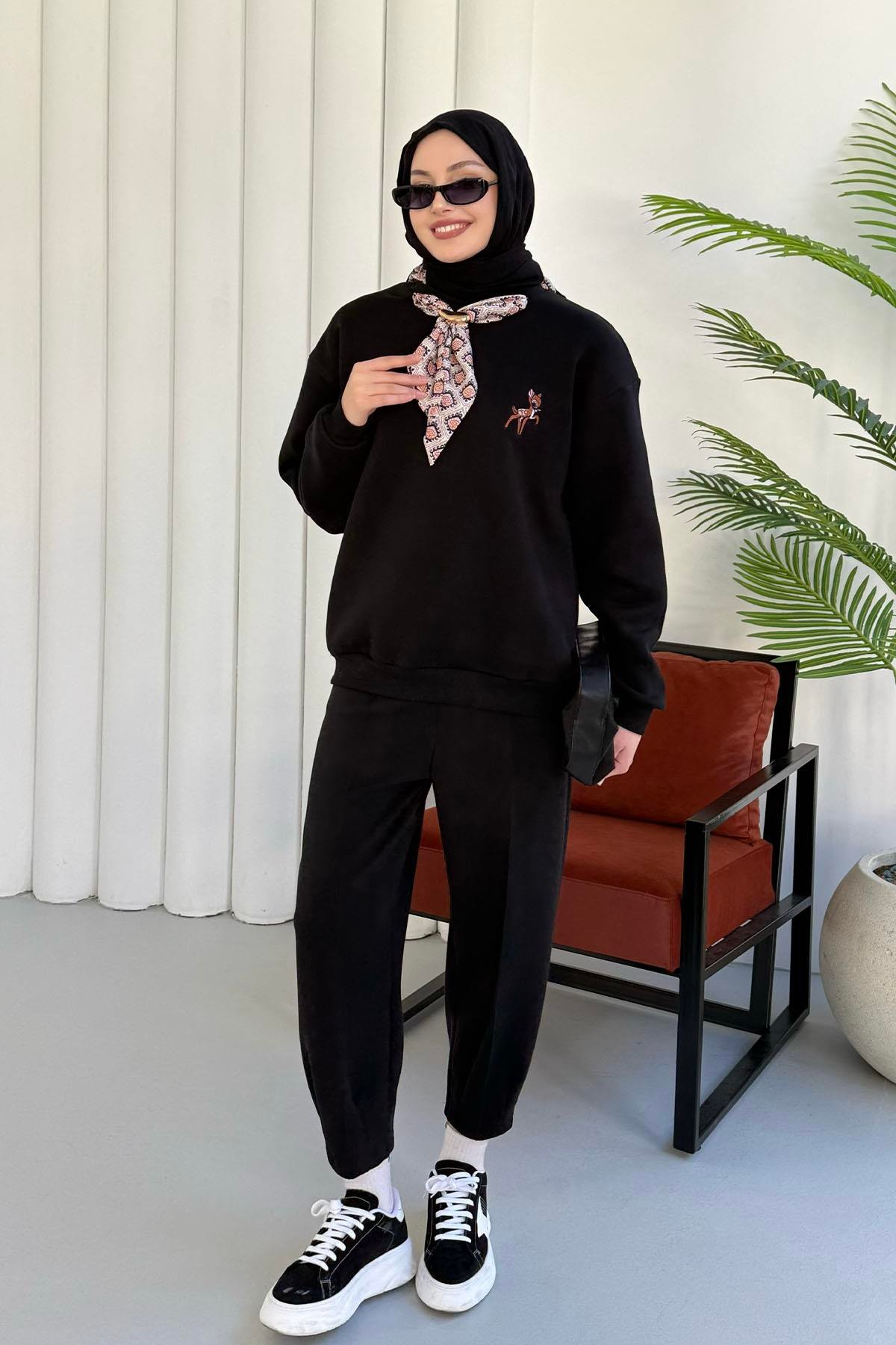 Nakışlı Fularlı Oversize Sweatshirt-SİYAH