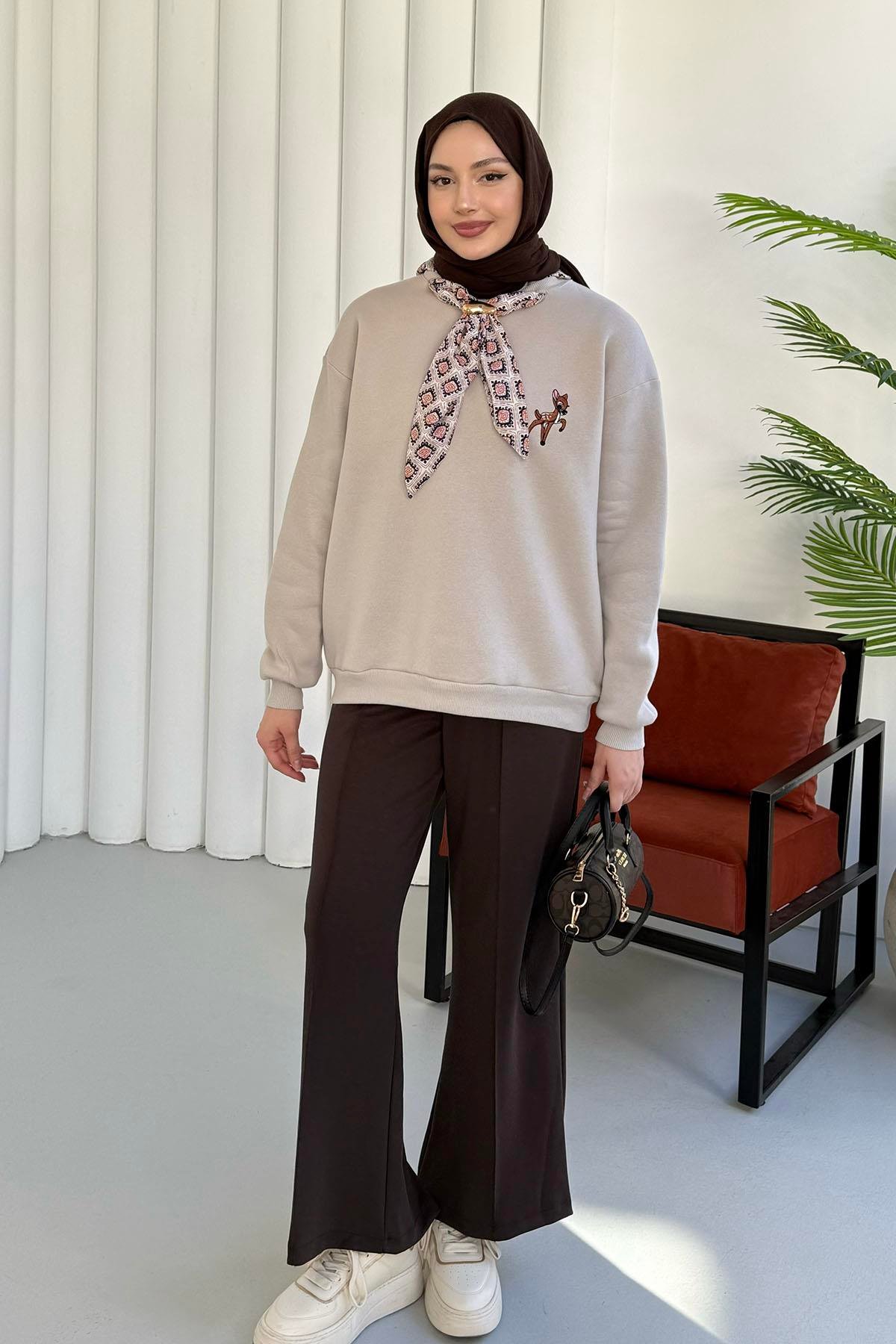 Nakışlı Fularlı Oversize Sweatshirt-TAŞ