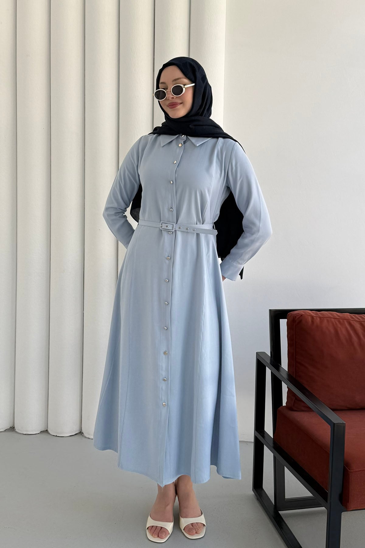 Ön Düğmeli Kemerli Tencel Gömlek Tesettür Elbise-BEBE MAVİ