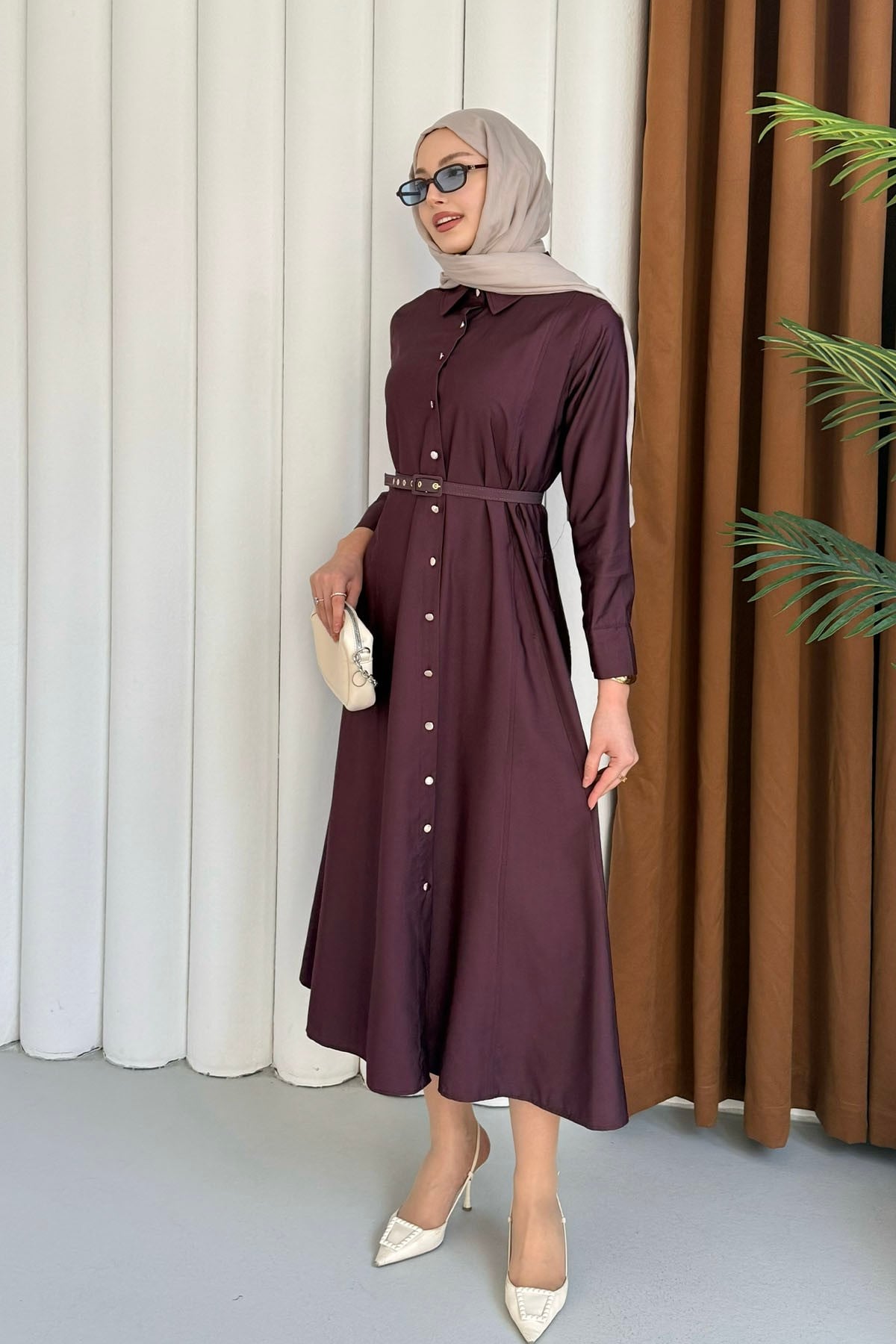 Ön Düğmeli Kemerli Tencel Gömlek Tesettür Elbise-BORDO