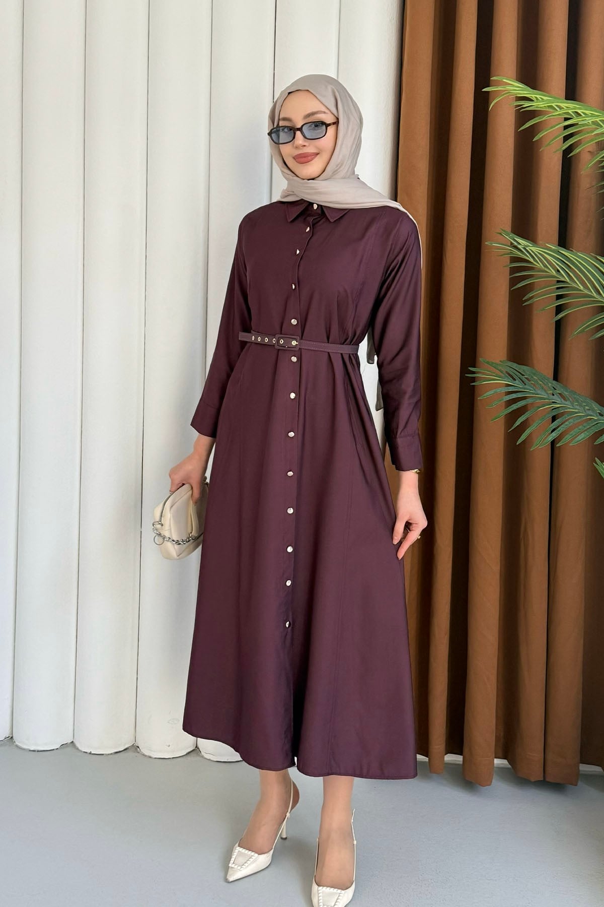 Ön Düğmeli Kemerli Tencel Gömlek Tesettür Elbise-BORDO