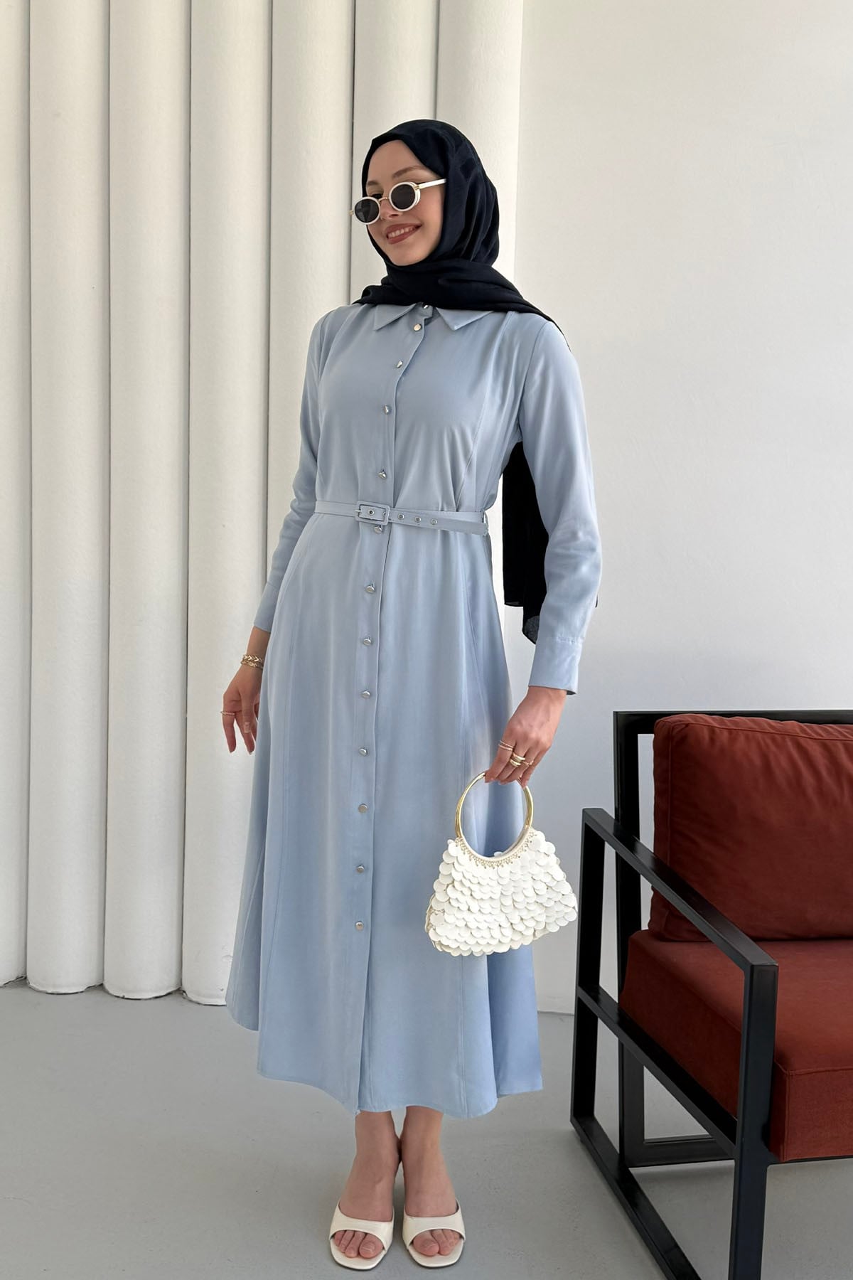 Ön Düğmeli Kemerli Tencel Gömlek Tesettür Elbise-BEBE MAVİ