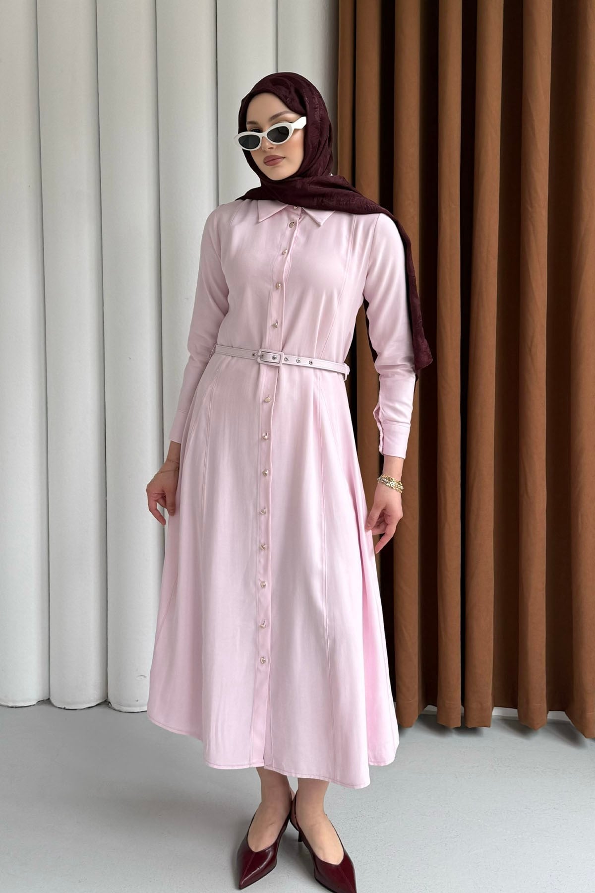 Ön Düğmeli Kemerli Tencel Gömlek Tesettür Elbise-PEMBE
