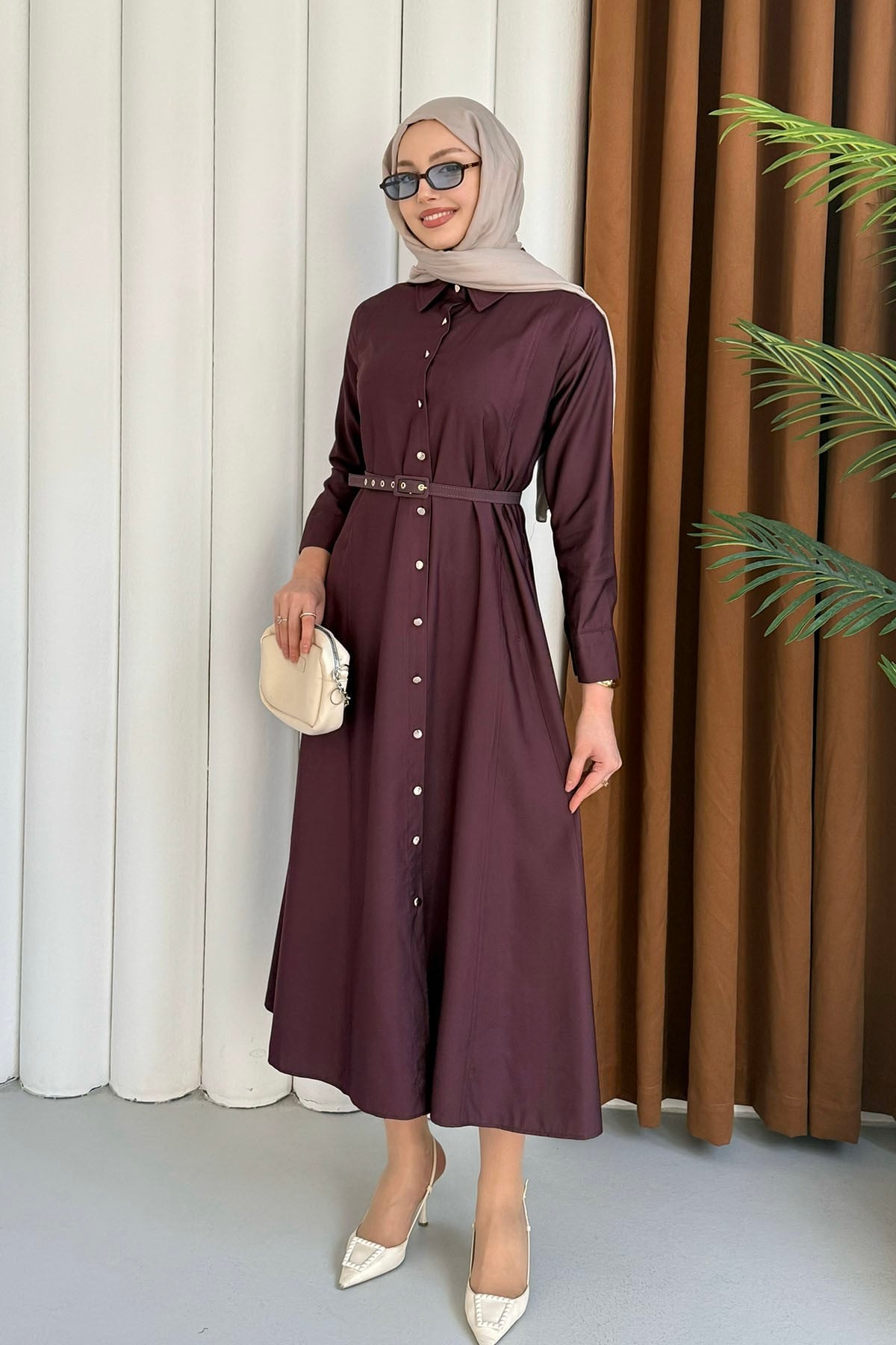 Ön Düğmeli Kemerli Tencel Gömlek Tesettür Elbise-BORDO